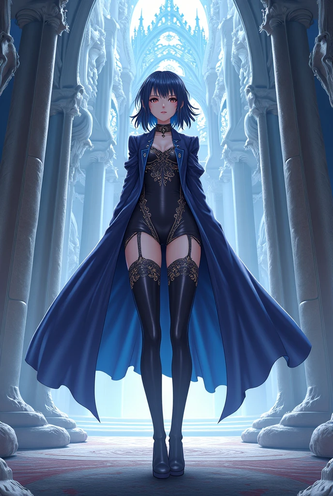 masterpiece, best quality, 1girl, superhero, ((leotard, dark blue leotard)), long sleeves, ((dark blue royal robe)), bare legs, boots, dark blue boots, matching boots, medium breasts, standing, standing straight, sci-fi backdrop, a castle in the background, dark blue hair, ((short hair, bob hair)), blue eyes, beautiful detailed eyes, beautiful detailed face, cute face, perfect hands, complete fingers, perfect anatomy, perfect proportions, regal, smile, closed mouth, full body with costume, full body, cowboy shot