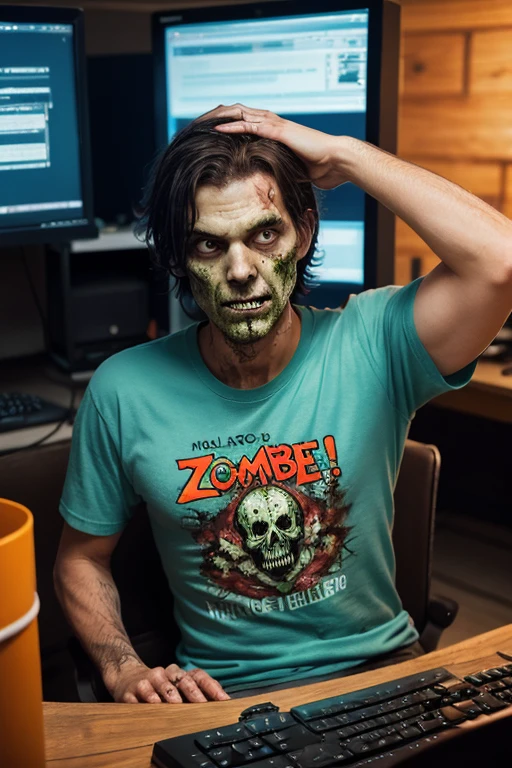 A crack addict homeless,broken teeth in the mouth,tatoos,completely red eyes,t shirt with the inscription: CRACK ZOMBIE,Photoreal
