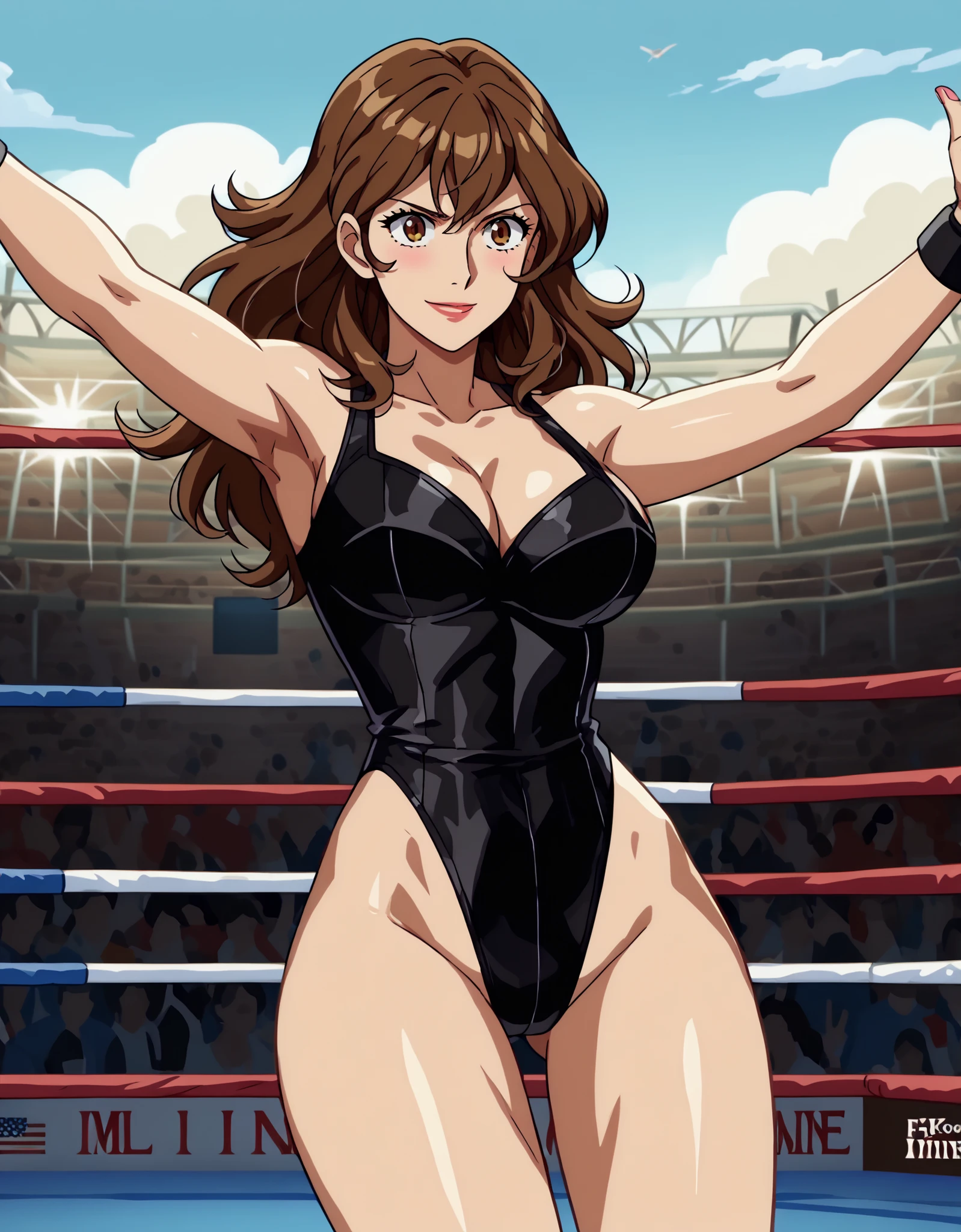 full body view, detailed face, , detailed body, 4k, Sumergai Lee Noriega, best quality, anime style, hires, highest definition, digital blending, bold drawing lines, ((), (slender body), mature woman, (female wrestler, white wrestling bikini, biceps, white fingerless gloves), (location: wrestling ring, crowd watching), cheerful, gorgeous, smile, (closed mouth), (pale skin, shiny skin, ), (cleavage), (strong arms, clean face), (), (brown hair, curly hair, long hair), 27 years old, sexy