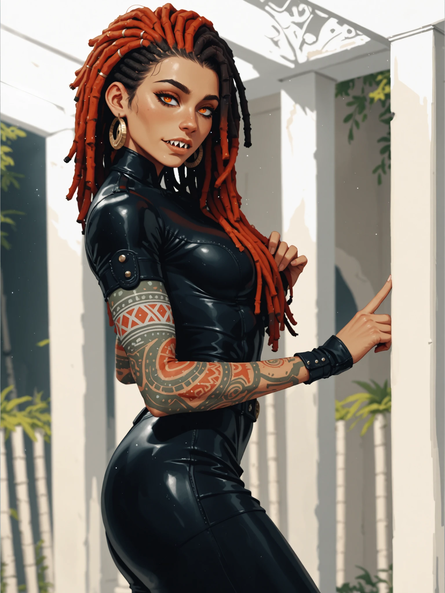 Meisterwerk, hd , great quality, very aesthetic, absurd, high contrast , high color palette , light glare ,neueste,2.5D,volumetric lighting, Sweet, jung, 1 girl, asiatisch, Mongol girl, round face, slanted eyes, big eyes, asian girl, dripping slime skin, rote Augen, Asian eyes, normal breasts, soft abs, rote Augen, Albino, white strands, ATHLETIC BODY, aztekisch, leather clothing, attentive, curious, looks at the viewer, Dreadlocks, sharp teeth, Hintergrund: jungle and Aztec ruins, looks at the viewer, looks like a young Jennifer Lawrence