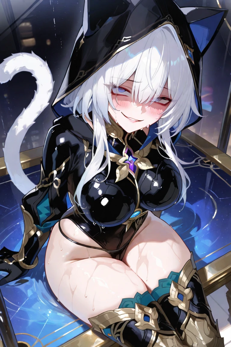((masterpiece)), ((best quality)), (high resolution), (illustration), (an extremely delicate and beautiful), (ultra detailed beautiful face and eyes), nsfw, 1girl, leaning forward, YukineChris, long hair, purple eyes, twintails, low twintails, ahoge, large breasts, satin playboy bunny, fishnet pantyhose, red a bow tie, volumetric lightning, detailed skin texture, detailed, volumetric shadow, anime screencap,bukkake, Lying down、Highest quality, Sorceress, ancient babylonian nobility, ((tan skin:1.2)), (brown skin color),Long hair, twin braids, hair ornament, wine colored hair, smile, Below average size breasts, bare shoulders, (underboob:0.9), (thighs:0.9), athletic, Babylonian dress, fantasy, navel cutout, two veils from neck to thigh covering breasts, (sideless:1.1), (thighhighs:0.9), sitting, pose, mesh under bodystocking, (fireball:1.1), (flames:1.1), classy babylonian room, night, (underlighting:0.9), sharp focus, looking at viewer, (intricate:1.1), (purple tone:1.1), (red tone:0.9), ancient persian panorama seen from a window, llustration, anime coloring, high contrast, holding a single wine glass in right hand, holding a magical fireball in left hand, adult, bridal gloves, detached sleeves, veiled sleeves, loose sleeves, ornate jewellery, jewelled metal bracelets, choker, (vibrant makeup:1.4), (vibrant eyeliner:1.4), (vibrant bodypainted lines:0.7), athletic, toned, high heels, background has exquisite furniture, dragon skull mounted on a wall, magical staff mounted on a wall, bookcases, ancient scrolls, magic tome open on a pedestal, expensive cushions,Nude
