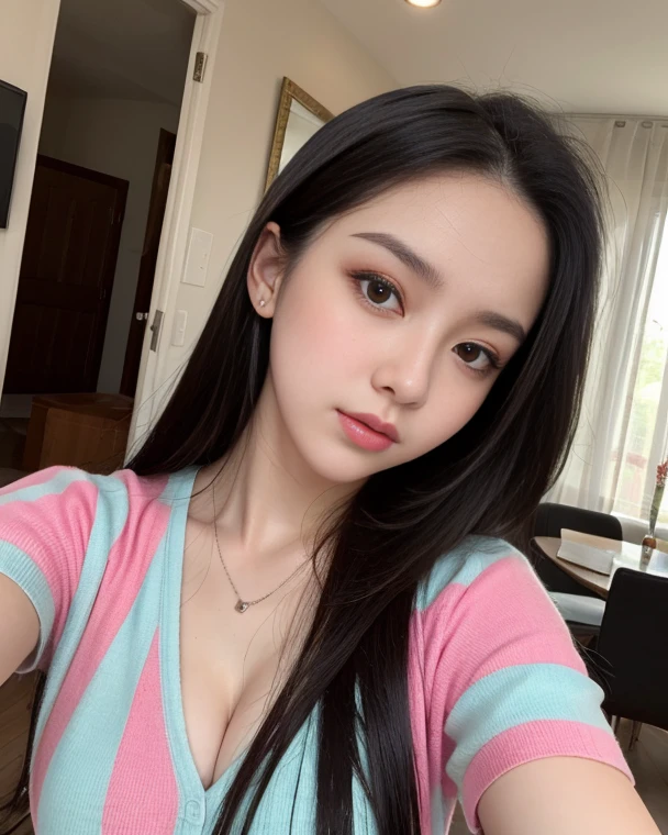 Kim jennie con el cabello negro oscuro, con rulos en las puntas del cabello negro oscuro, con un ganchito de estrella en el cabello negro oscuro, ojos de color claro, ojos bonitos, ojos llorosos, nariz bonita y respingada, labios bonitos, labios rosas, heart and cupid shaped lip, piel bonita, pale, piel blanca, con lunares y pecas en todo el rostro, rubor rosa suave en las mejilla, rubor rosa natural, maquillaje suave y rosa, jennie, cuellos bonito, cuello marcado, frown, mirada enojada, con un collar de beso, un collar bonito de beso, mientras tiene un traje de Yumeko Jabami, cospaly de Yumeko Jabami, mientras tiene una camisa blanca, con tiene un traje de color rojo encima de su camisa blanca, apretado a su cuerpo, con una falta negra corta mientras tiene el abdomen desnudo, delgado, marcado y bonito, (pechos grandes, pechos suaves, pechos bonitos, pechos naturales), mientras esta haciendo cospaly del personaje Yumeko Jabami, del anime Kakegurui, mirando a la camara, autofoto, selfie bonita