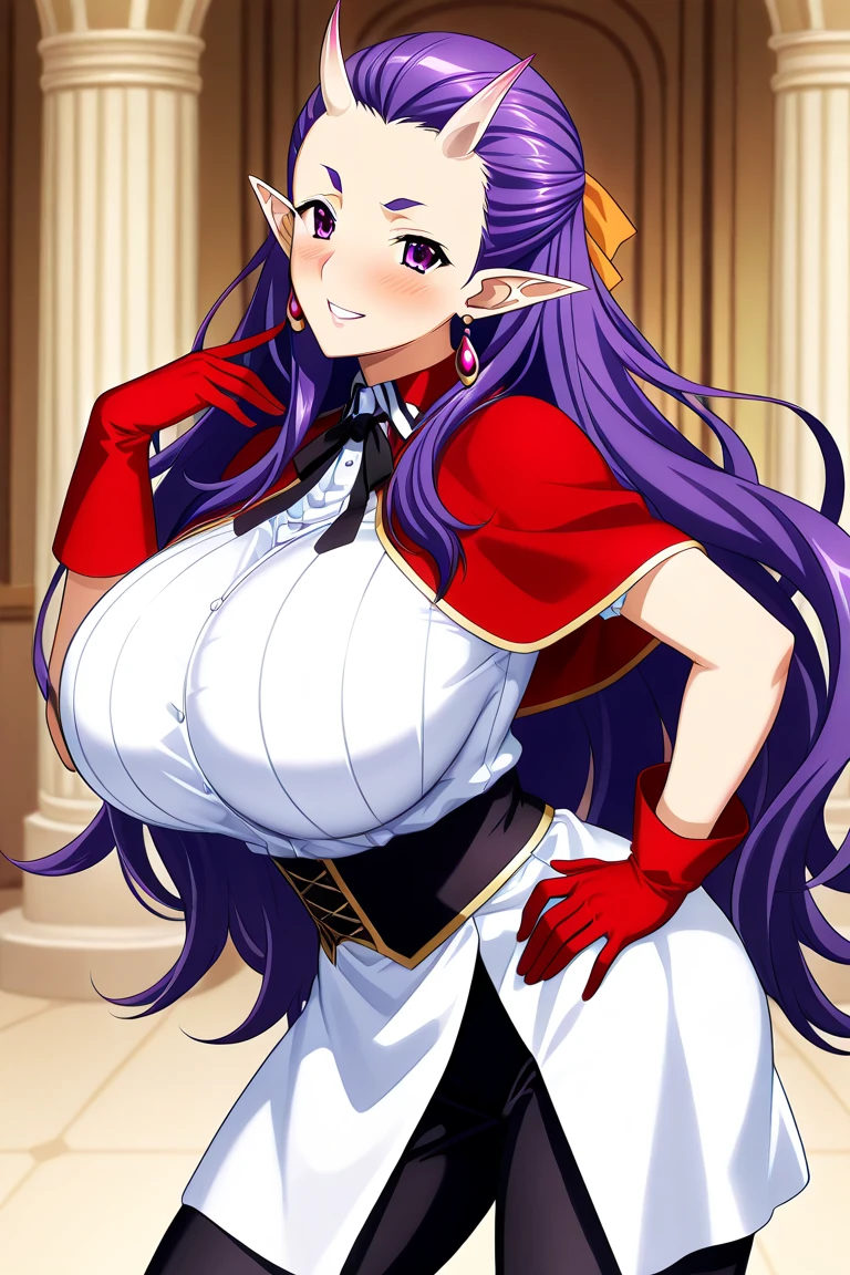masterpiece, best quality, highres,absurdres,ray_tracing,intricate details,depth of field, extremely delicate and beautiful,4k,1girl,cowboy shot, looking at viewer,
cornelia_li_britannia, white_bodysuit_red_bustier_red_gloves_red_thigh_boots, purple lips,
outdoors, garden
standing,
bored,
huge breasts, mature female, milf, narrow waist, <lyco:GoodHands-beta2:1.0>,