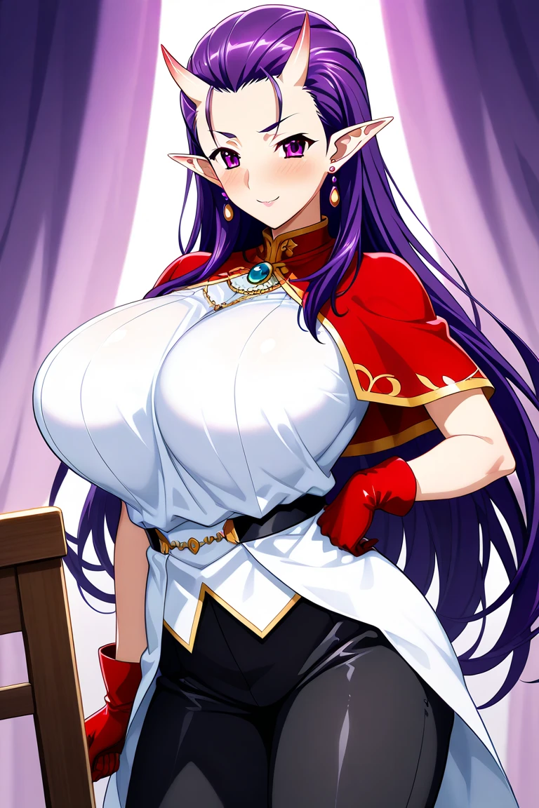 sexy woman, mature milf, brown skin, huge breasts, large breasts, curvy, voluptuous, completely nude, nude, pussy, nipples, black hair, brown eyes, long hair, elf ears, queen crown, jewelry, red lips, smile, standing, solo focus, castle interior, indoors, fantasy theme