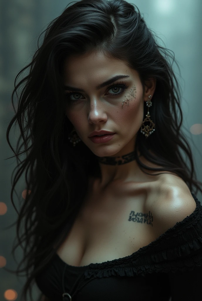 (((close-up shot))), (((nighttime))), (((dark tones))), (((black filter))), (dark outside), Luis Royo-style illustration of a beautiful striking figure, (((slim frame that exudes confidence and resilience))), intricate full sleeve tattoo, (tetradic color combination), 32k resolution, best quality, gaze into the camera, white light. nude