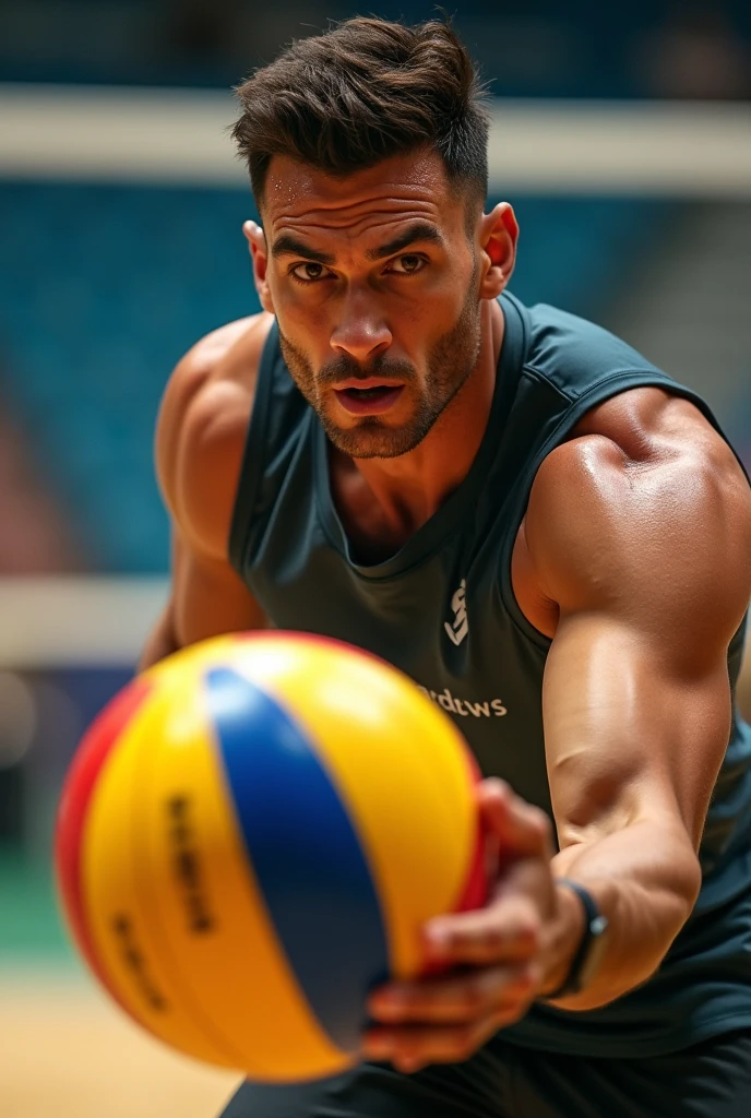 (1boy, photorealistic:1.4, ultra realistic, masterpiece:1.2, best quality, 4k), young olympic male volleyball player posing nude and holding a volleyball in front covering his penis, big smile on his face, slim athletic body build, photo from the olympic games, outdoor sand volleyball court, detailed face, ultra realistic skin, Olympic Games, shot on Nikon d850 50mm, dlsr, RAW, natural outdoor lighting, midday sunlight
