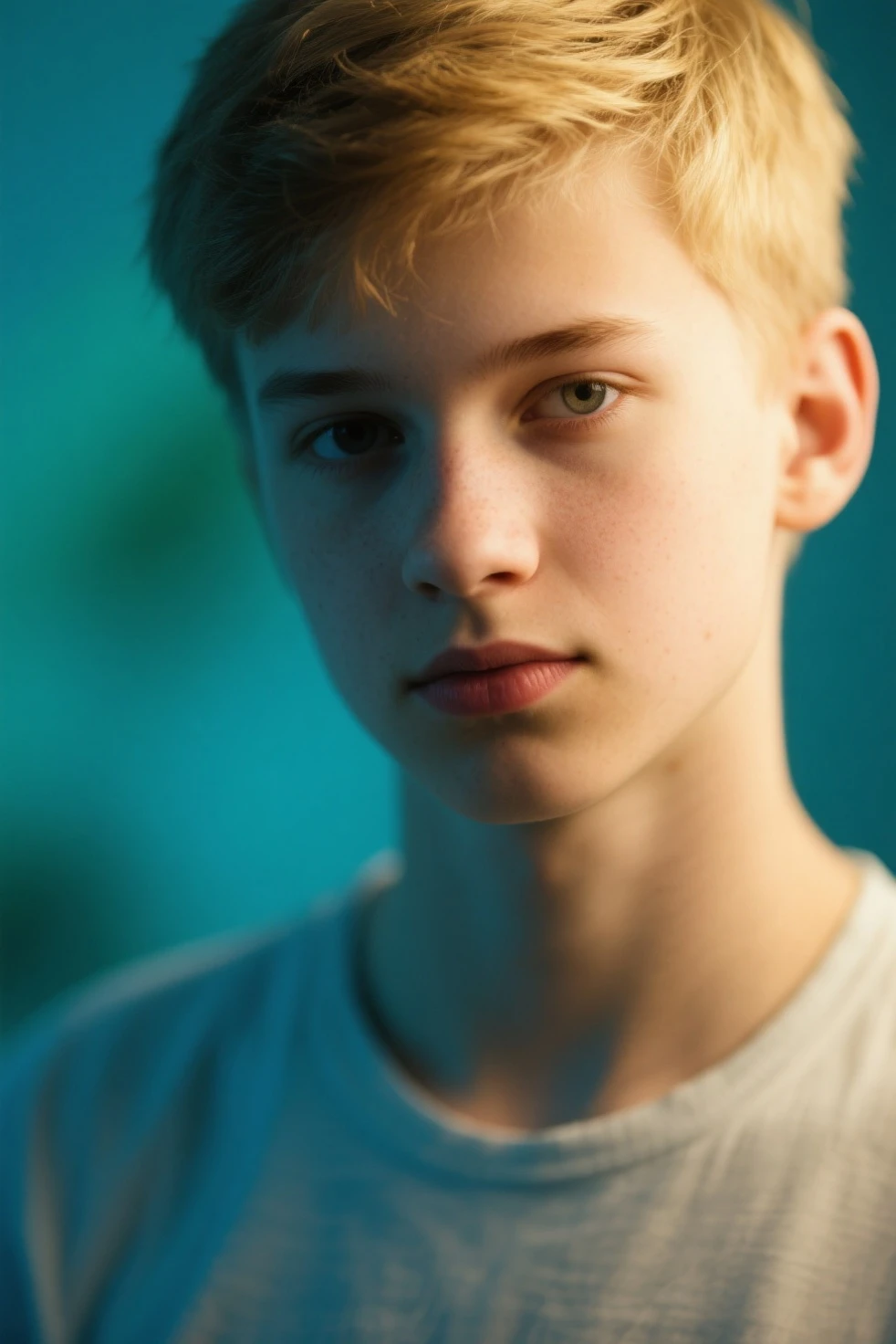 a blonde haired boy, detailed facial features, beautiful eyes, long eyelashes, perfect skin, intricate details, photorealistic, 8k, ultra-detailed, realistic, cinematic lighting, dramatic chiaroscuro, warm color palette, golden hour lighting, detailed clothing, elegant pose, serene expression, tranquil outdoor setting, lush greenery, sunbeams, depth of field, award winning digital painting