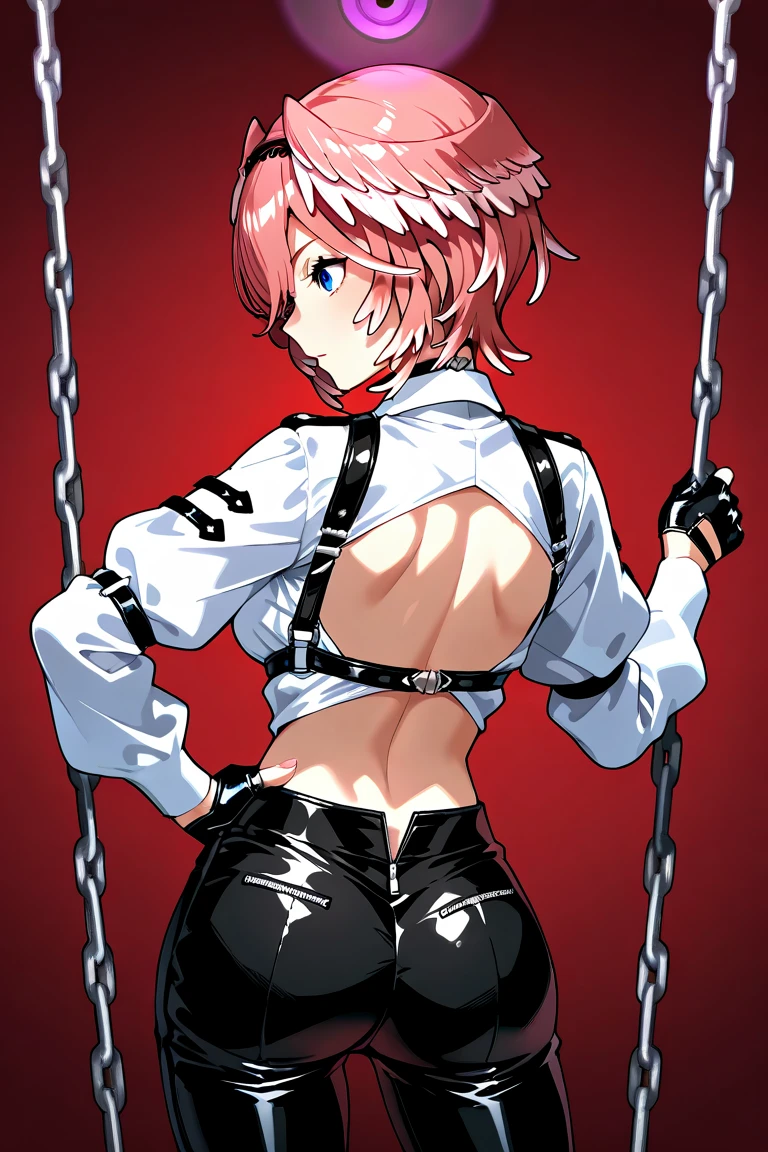 absurdres, best quality, 1girl, from behind, (own hands clasped), (arms up:1), (looking at viewer:0.25), hot limit, <lora:attire_hotlimit:1>, interlocked fingers, backboob, full body, back focus, standing, skinny, red background, (simple background), very short hair, red theme, wristband, sideways glance, expressionless, spread legs, thigh strap, black shorts