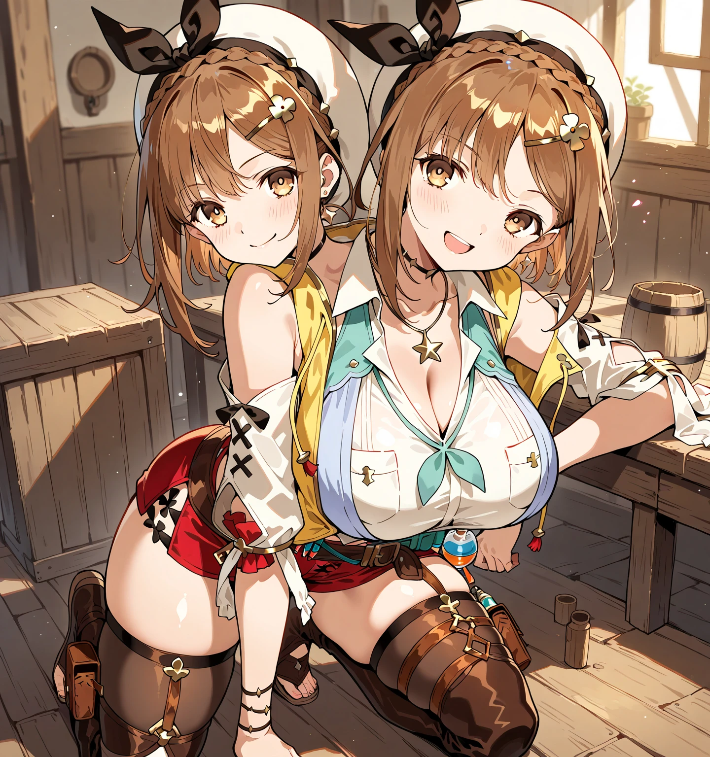 Highest quality, High resolution,8k、Beautiful Face、Perfect Face、naked、One person、((Doing a deep throat、Giving a blowjob、)),Boobs shaking violently up and down、A large amount of semen is applied、Cool look、blush(1.9)、Sweat(1.9)、steam、Orange-brown hair(), Round eyes、Colored eyes, Short Hair, Mole under eye, Huge breasts(0.9), bangs(), Cleavage, clavicle,Big Butt, indoor, Atelier Ryza(anime、Reisalin Stout、White sleeveless high-neck sweater(Pulled up to her chest)、Headband、White hat、Brown long boots(Digging into the thighs)、Belt on waist、Half wearing panties(Exposing)、(Exposed nipples))、{An angle where the face is being stared at from the side.} One person黒人男性,naked、Big Penis、(The man is deep throating )