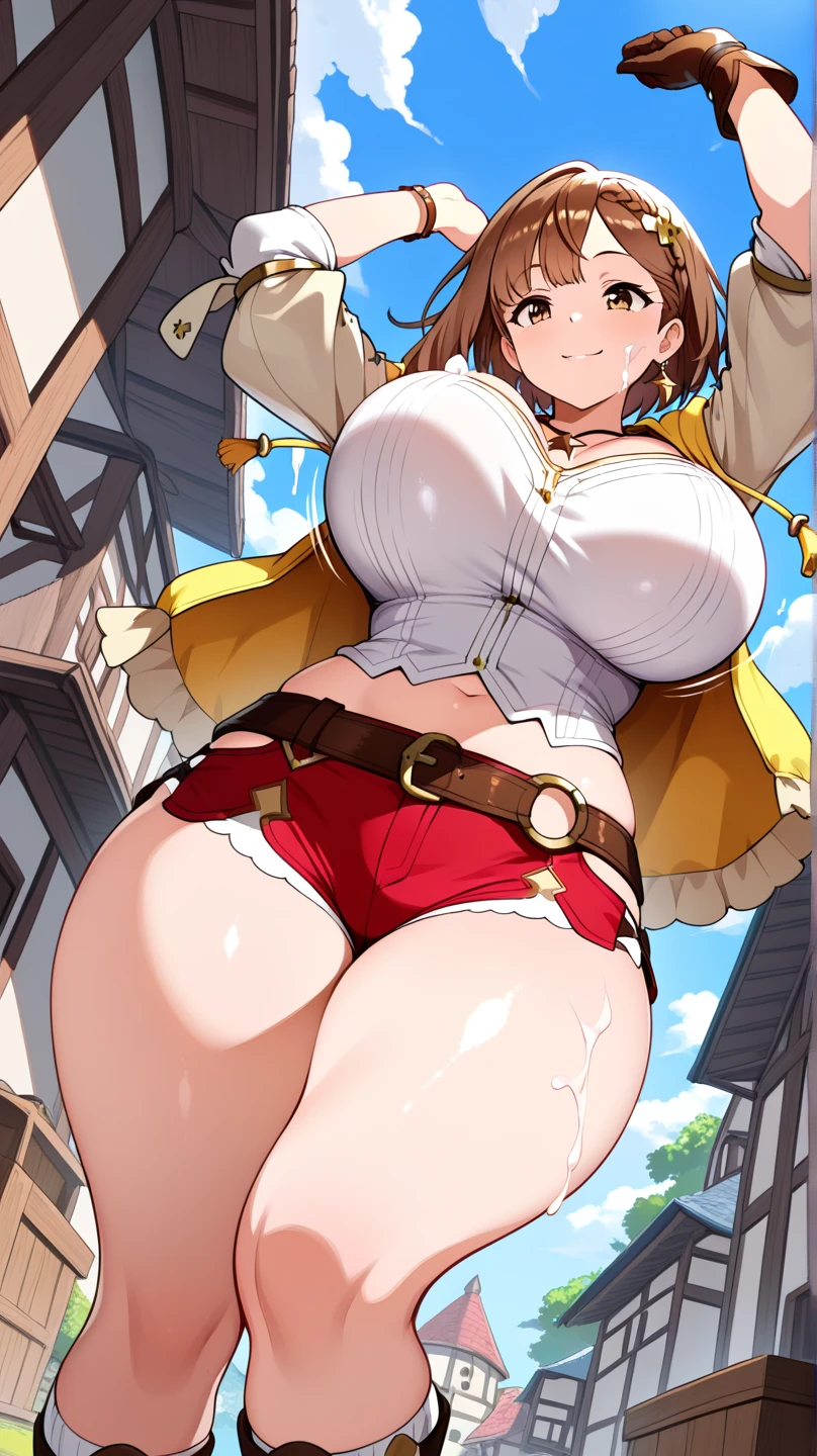 masterpiece,hentai anime character, I'm straddling a man's crotch, Ryza having intense cowgirl sex, (((Aggressive vaginal sex: 1.2))), favorite,Bounce and shake wildly,, 32K,Super detailed,Ultra-detailed,Big Breasts, Vibrant breasts, Short brown hair, shirt, Shorts, Red shorts, White Beret, Black knee socks, Ryza outfit, loungewear, {{A biological weapon that preyed on the sleeping Ryza and transformed into her appearance, Big bouncing}}, Shake violently, Overall view, Town, NSFW