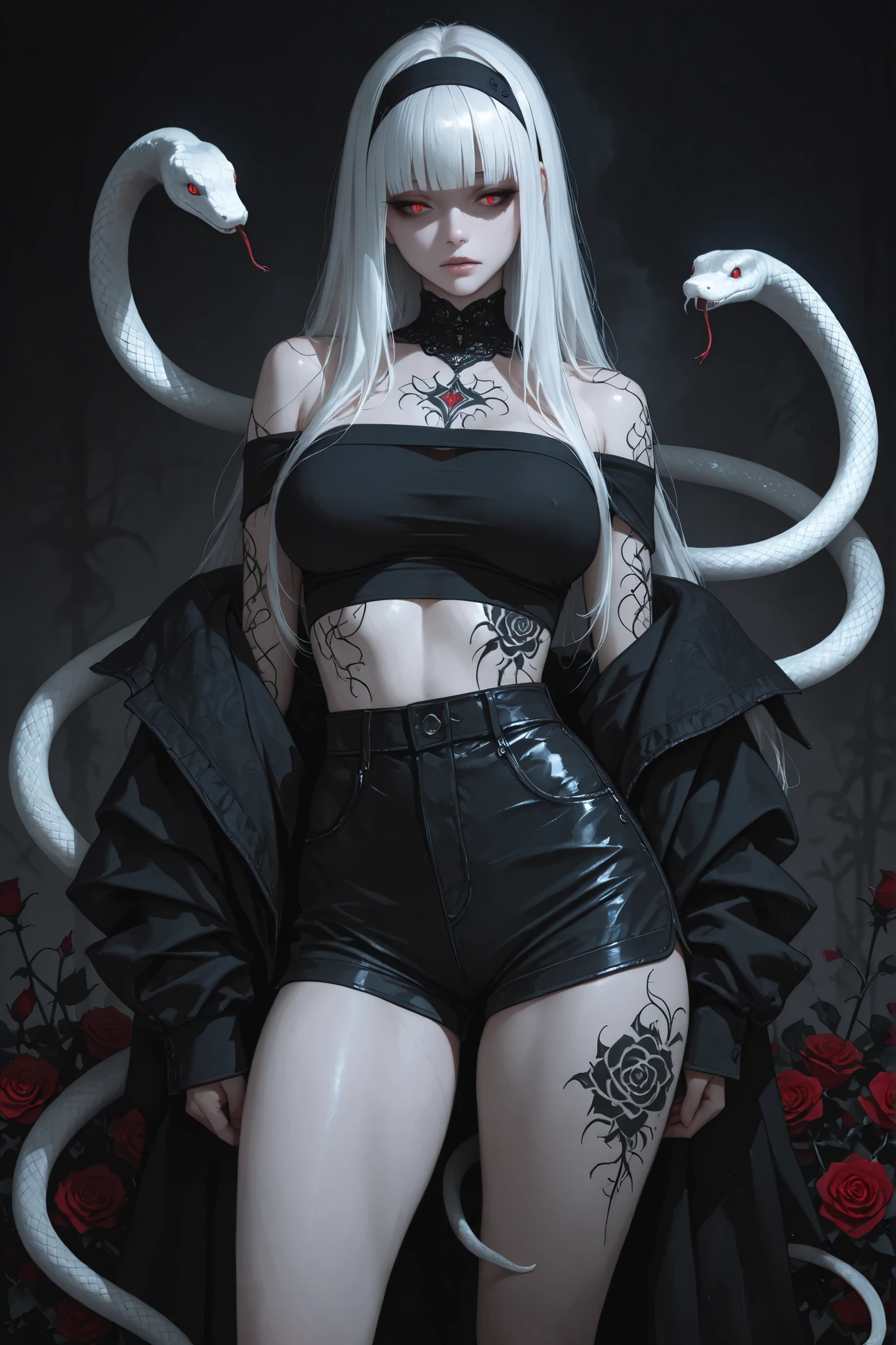 masterpiece, best quality, amazing quality, hyper-detailed, newest, very aesthetic, white snakes , 1girl, Perfect Breasts, tattoo,rose,tattoos on body, white hair, blunt bangs, long hair, Headband , Cold eyes , Cold attitude , black Fashion shorts and Off shoulder top, standing, Dark atmosphere, dinamic pose, absurdres, highres, diffused light., perfect leg , From the front , dark style ,