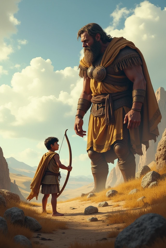 A strong young man with a shield with a goat coat hanger drawn on it and by his side a child