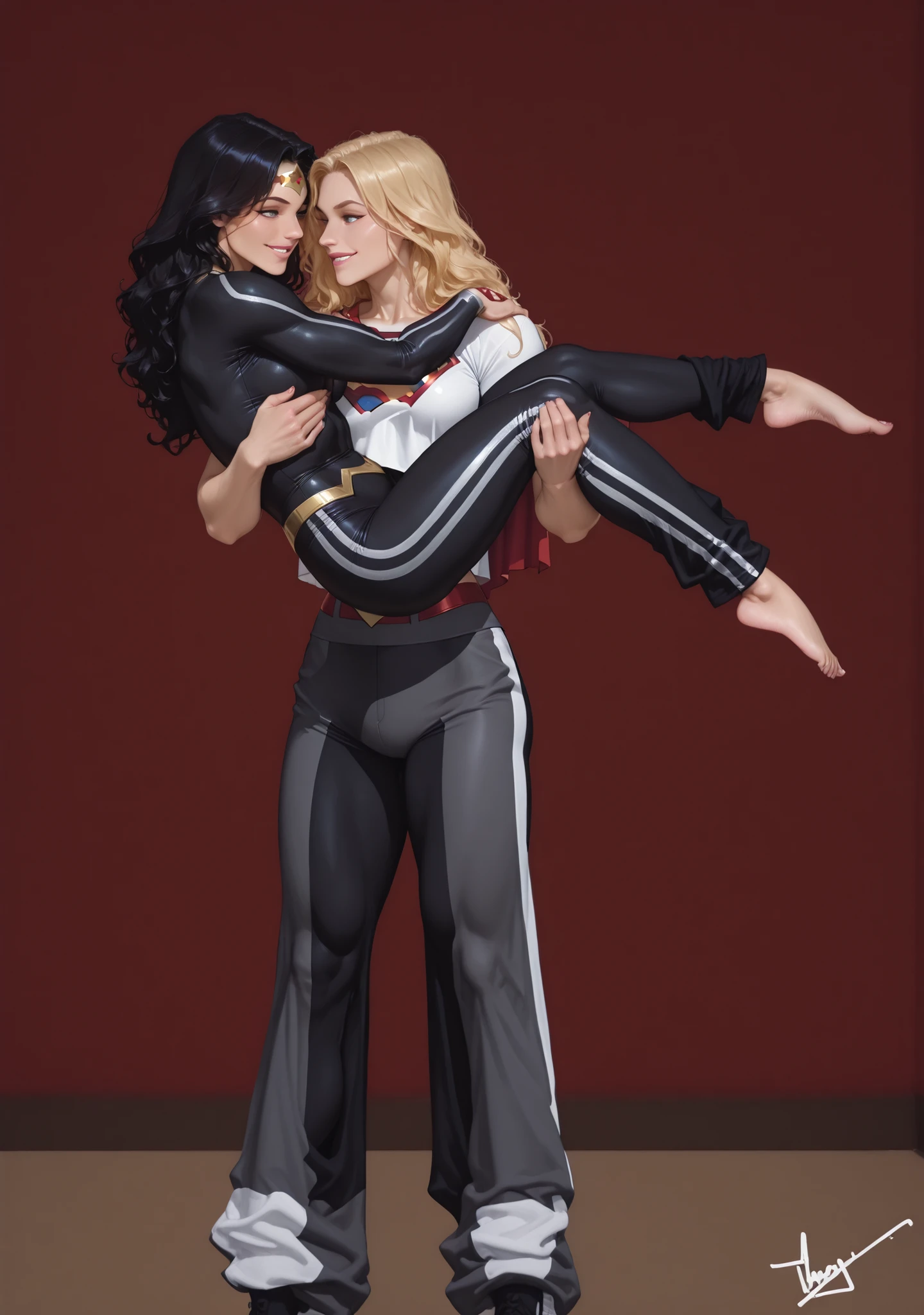 2girls, lesbian couple, strong supergirl carrying hot and curvy wonder woman on her arms, wonder woman has long black wavy hair and  is wearing a black leggings with white stripes and sexy black full-sleeve top whereas supergirl is wearing a white top and grey track pant, carrying person, seductive smile, perfect anatomy, best quality, highest details, masterpiece