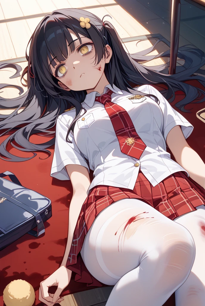 masterpiece,Highest quality,Very detailed,1 girl,alone,Grit your teeth,Struggle,Eyes closed,Sweat,Sweatdrop,pain,（nude）
,Purple eyes,Black Hair,Long Hair,,bondage,
Break Stretcher,Dripping,,sleep,sleeping on one&#39;return,Hospital corridor,(((Bloody, blood on body,Torn Dress, carry))),Facial bandages,Highlighted lines,