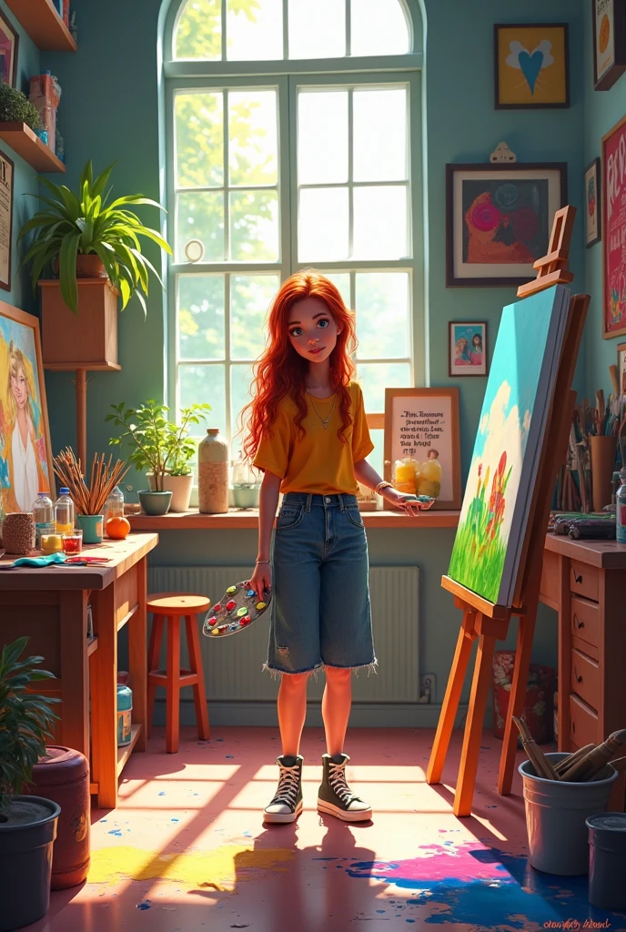 (masterpiece,best quality:1.5),ultra realistic,32k,RAW photo,(high detailed skin:1.2), 8k uhd, dslr, soft lighting, high quality, film grain,macro lens ,(ð,ðï¸),ðªµ,ð¿,ð, lady,(moss overalls, camisole:1.1),long hair, (wavy hair, DayGlo yellow hair),summer day, in the painting studio,messy drawings,large breast,autumn day,(ð:1.1), Working,sweaty,gorgeous light and shadow, stunning environment,(vibrant colors:1.2),palettes, paintbrushes, paint splatters,, anime