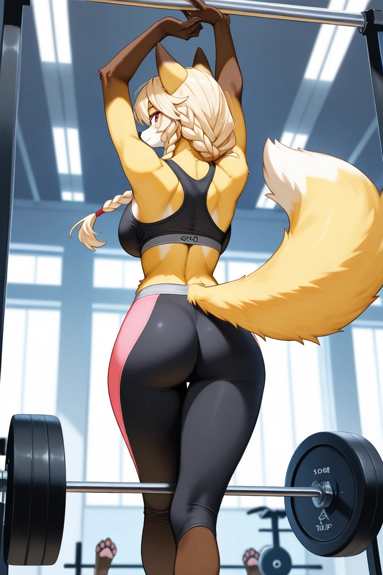 (anthro)) fox, Ross Tran, by ruan jia, by zaush, by foxovh Best Quality, masutepiece,, Illustration, Wallpaper,1girl in, Solo, blonde hair, Semi-long hair, Beautiful detailed girl, extremely detailed eye and face, Beautiful detailed eyes, Shy, natural_Lighting, Glow,NSFW, Clean sky, Looking at Viewer, gym, Straight hair, blue petals, Ponytail, Blue Ribbon blonde hair, Thick_thighs thighs thighs thighs, big ass, wearing tight gym booty shorts, taking a gym selfie of her butt with her phone, ninetales, orange eyes