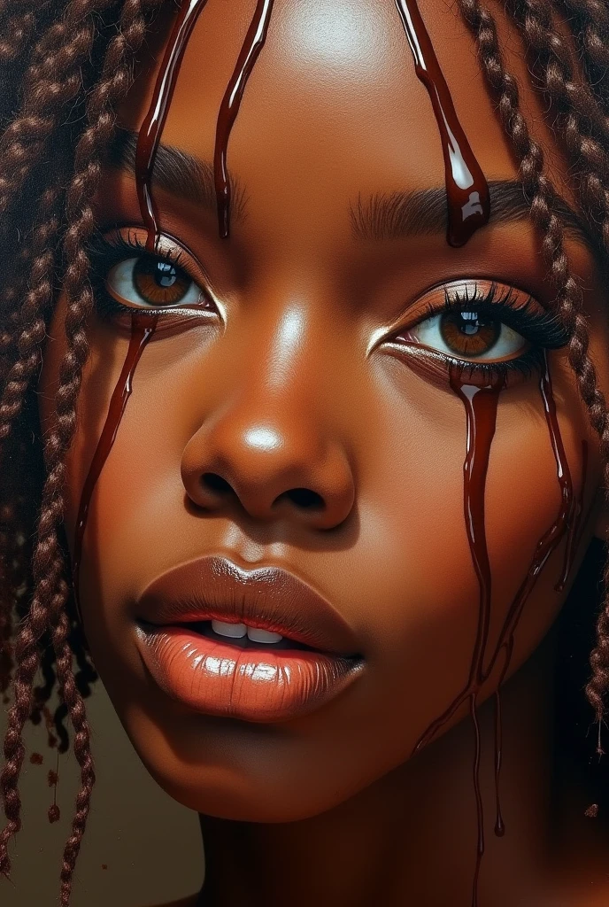 colored pencil drawing (dark skin African woman) hugging a broken red heart, (black and green paint dripping from the top of the fractured heart), painterly, matte paint, universe in backdrop, eyes closed, (tears streaming down face)