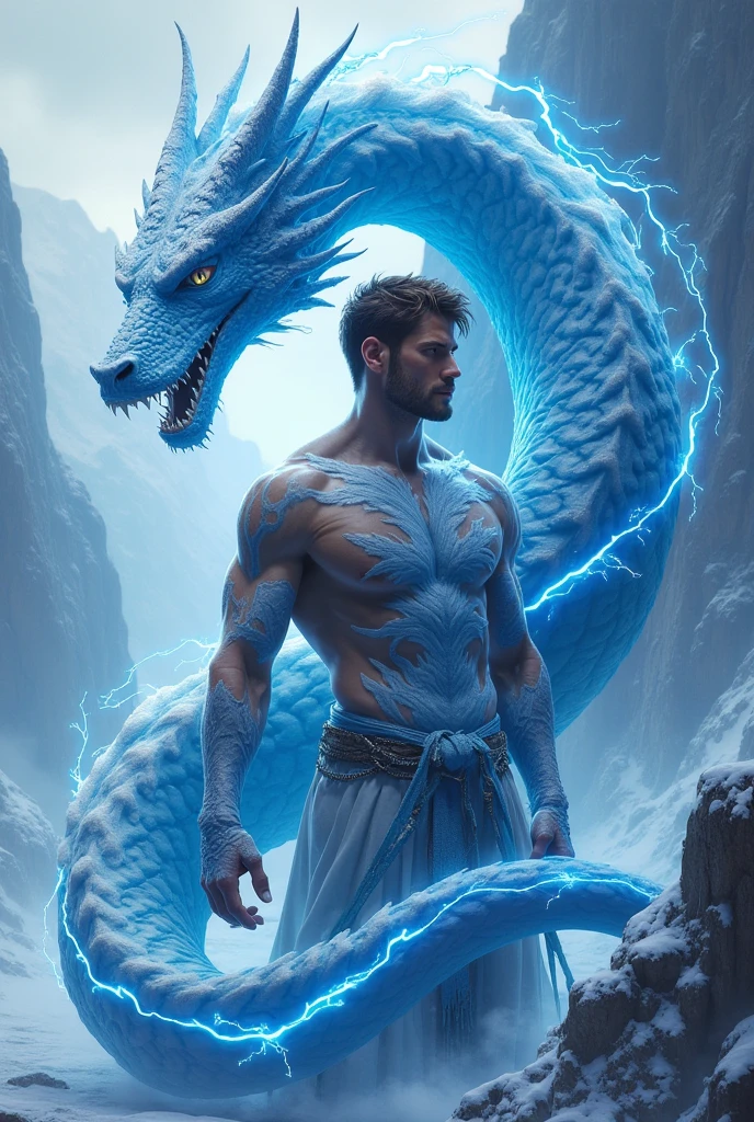 21 years old male top nude white skin brown hair muscular mortal kombat karetker with icy waist wrapped around his body big realistic wild blue big ice dragon is around icy mountain blue lightning red full moon red get a realistic picture front and close up