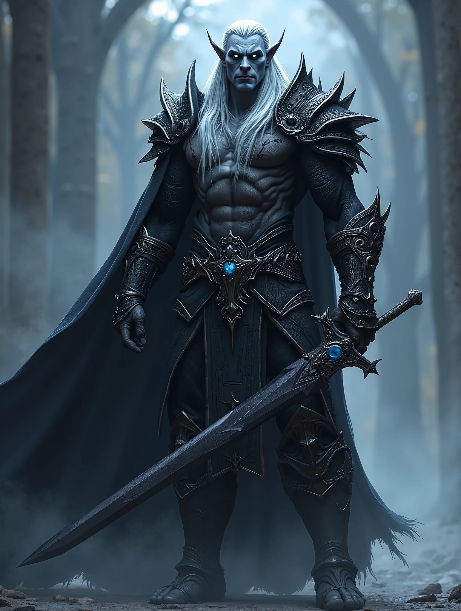 Drakenor appeared like a living shadow in the field of vision, imposing and solemn, made of a statue forged in the very essence of darkness. His body was tall and muscular, sculpted by war and the rigor of centuries, moving with a feline precision that belied its size. A pele, of a pale gray tone, seemed to absorb the surrounding light, creating a cruel contrast with the long, silver hair that flowed like rivers of cold light down their backs, undulating at every step as if dancing to inaudible music. Seus olhos, totally blue and bright, they were like two blades of ice embedded in a face marked by experience. There were no visible pupils, just that mesmerizing light, that emanated a pulsating and ancient energy. A look that seemed to cross bodies and thoughts, judging not only the actions, but also the intentions hidden deep in the soul. on the chest and shoulders, Drakenor wore dark armor like the deepest obsidian, sculpted with intricate reliefs of twisted roots and thorns — symbols of the suffering and resistance of the dark elves. Each metal plate shimmered irregularly shaped, } as if it had been forged in black flames and cooled in the tears of defeated. Scars from ancient battles cut both the skin and the very fabric, silent memories of a king who always led the front line, never hidden behind his soldiers. The cape that came down from his shoulders was made of dark fabric, pesado, } intertwined with silver threads and forgotten runes. She crawled across the ground like a living extension of her own shadow, undulating almost independently, as if Drakenor's sinister energy permeated even the most inert fabric. The hands were large, with long and agile fingers, adorned with iron rings black studded with dark blue gems, each vibrating in response to its hidden power. On his waist , reused a sword with a black blade like the starless night, cuja bain