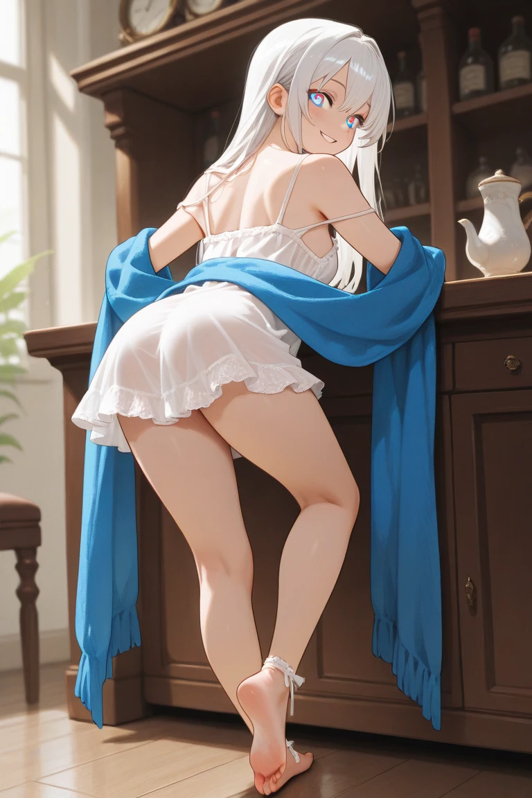 Obra maestra inmejorable, ultra-realista 8k CG, arte perfecto, super detailed, obra maestra, sthe highest qualit, high resolusion, manic detail, Hi-Def, alta calidad, cara detallada, extremidades corporales detalladas, 1girl, solo,noelle,pelo blanco, ropa sin mangas noelle, cama de mujer, camisa sin mangas, prenda de rejilla, labios oscuros, chaqueta sin cremallera, sin sujetador, sin bragas, senos expuestos, rubor, medias blancas, ropa transparente, exposed pubic hair, dedos de los pies de camello, como jiri, pechos extremos, cuerpo femenino extremo, En todo el cuerpo, la mujer yace en la cama, pupilas blancas,gran trasero,muslos grandes,grandes pechos,looking back