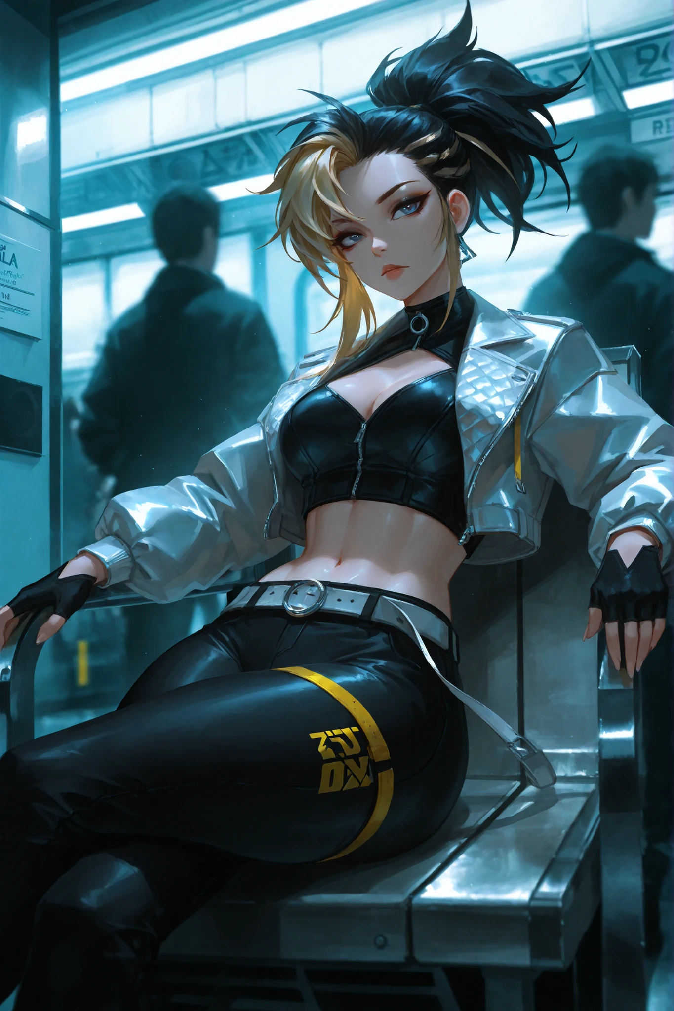 masterpiece, highly detailed, cinematic lighting, hyper-detailed face, intricate textures, stunning composition, perfect anatomy, soft shadows, depth of field, professional digital art, cinematic ambiance, sharp focus, clean and polished rendering), attractive body, medium breasts, thick thighs, wide hips, big ass, smooth and radiant skin, soft yet firm body contours, sensual and confident presence, 4kalikd4, akalikda, 1girl, blue eyes, makeup, eyeshadow, blonde hair, black hair, ponytail, long hair, open clothes, open jacket, cropped jacket, navel, midriff, cleavage, belt, pants, black pants, gloves, fingerless gloves, black gloves. Inside a subway station with tiled walls, overhead signs, fluorescent lighting, metal benches, and people waiting near the yellow line as a train approaches in the distance. Sitting on a throne-style chair, legs crossed, mic resting on her thigh—jacket slightly off the shoulder
