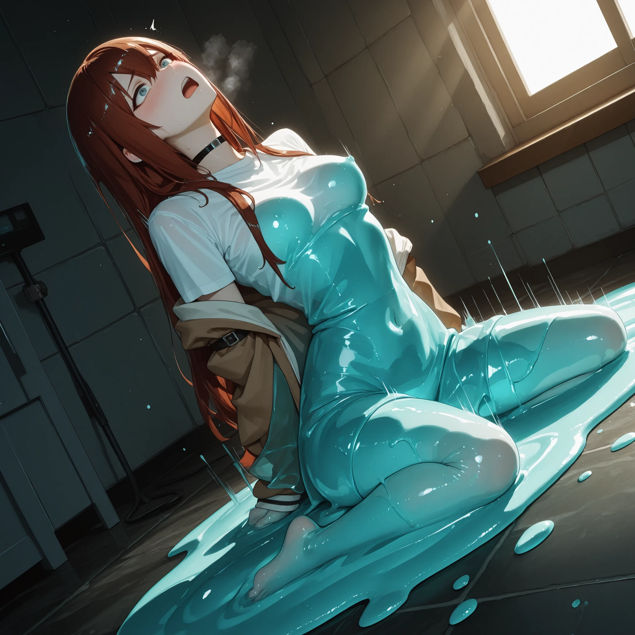 1girl, Makise Kurisu melt, slimify transformation:1.0, translucent slimegirl, full body slimify:1.0, melting:1.0, implied sex, head back, full body, (motion lines:1.2),
BREAK slimegirl, slimify, melting slimegirl, slimify hair,
beautiful detailed eyes, beautiful face, 
embarrassed, shy, frown, open mouth, heavy breathing, orgasming,
perfect lighting, moody lighting, great angle, great pose,
amazing quality, very aesthetic, extremely detailed, nsfw, explicit