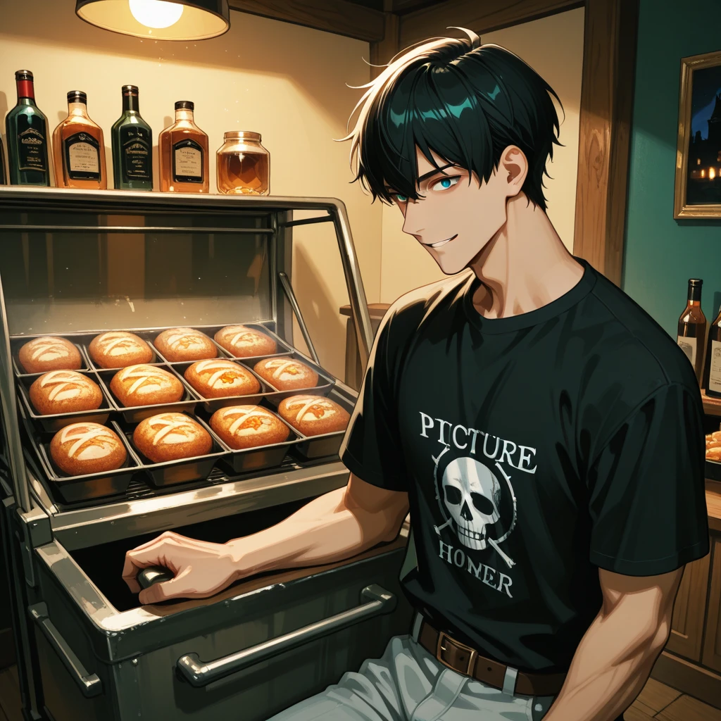 Absurd resolution, high resolution, (masterpiece: 1.4), hyperdetail, young man's messy short black hair, black casual clothes, spooky room, open fridge (1.2), lots of steak in the fridge (1.4)