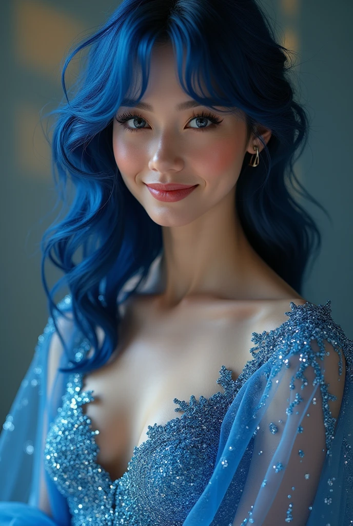 Best Quality, ultra detailed, photorealistic: 1.39), face of (((19 year old naughty teen naked)))., Girl in love with big breasts, bright and vibrant colors, studio lighting, romantic expression, Elegant makeup, long blue hair blowing in the wind, attractive eyes, bright lips, pose sexy, beautiful roses, smiling confidently and seductively, posing for a professional photo shoot, shallow depth of field, soft natural lighting, creating a romantic and magical atmosphere. in the clothing store, ((Full body photo)