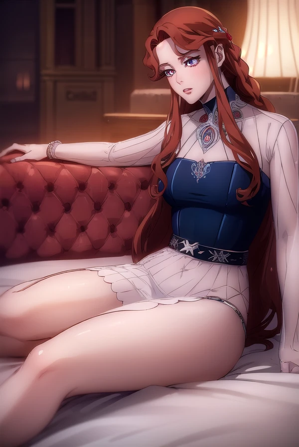 ((foto de corpo inteiro)), ((foto realista)), 1 girl, (colete: 1.2), 8k, high-res, pele finamente detalhada, lingerie, seios enormes, lenore from castlevania, vampire, red hair, skirt, toned legs, heels, dominant, low angle, upskirt, athletic, skinny, toned, smaller body, thin waist, pov footjob, stepping on viewer, footjob from below, foot on viewer's penis, pov, penis, highheels