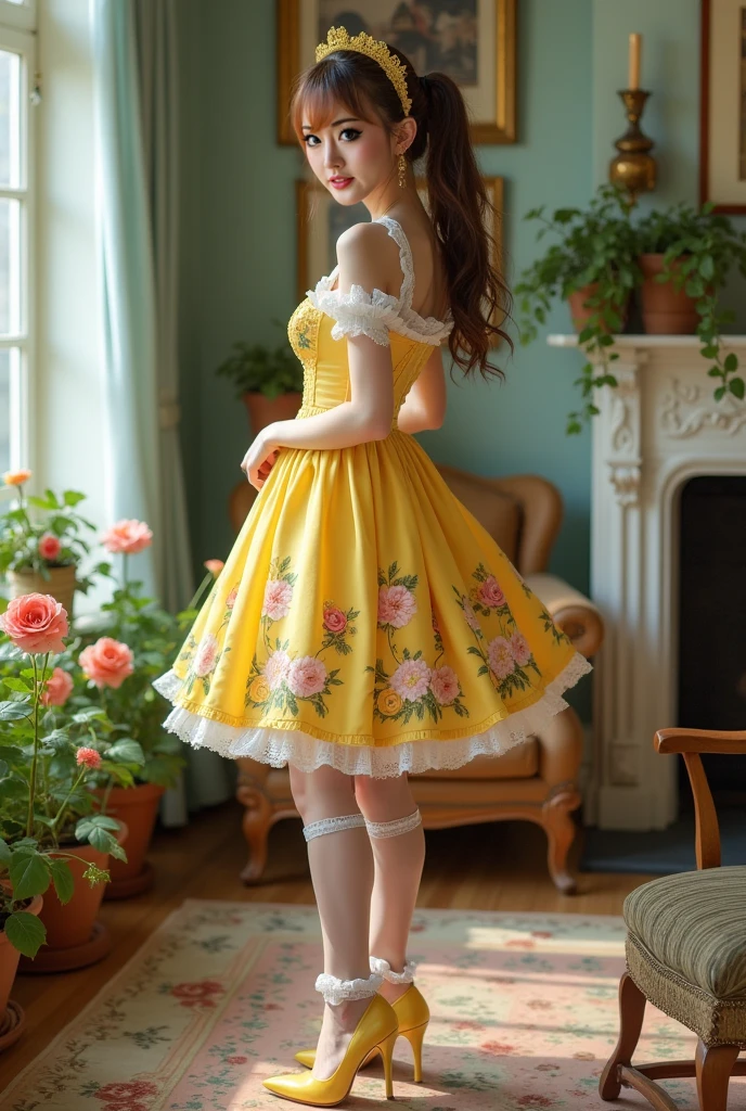 Disney Pixar 3d Character ,beige colored skin,yellow braided hair,white dress with daisies,white shoe with a daisy on the toe, greeneyes ,with two daisy brooches in her hair