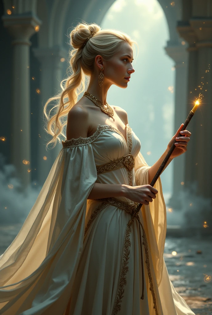 photorealistic photo of a Beautiful young girl wizard, huge breast, Beautiful breast, white wizard shirt with golden trim, white robe moving in the wind, long white hair, fully clothed, perfect face, Beautiful, perfect composition, hd, artstation hd, concept art, detailed face and body, award-winning photography, margins, detailed face, detailed hands, ,backlight, 12k ultrarealistic, ray tracing, intense gaze, looking at the viewer, cinematic lighting, art by Grzegorz Rutkowski, embers, high fantasy background, action pose, hands up to 90 degrees, holding a small magic wand, water splash, misty