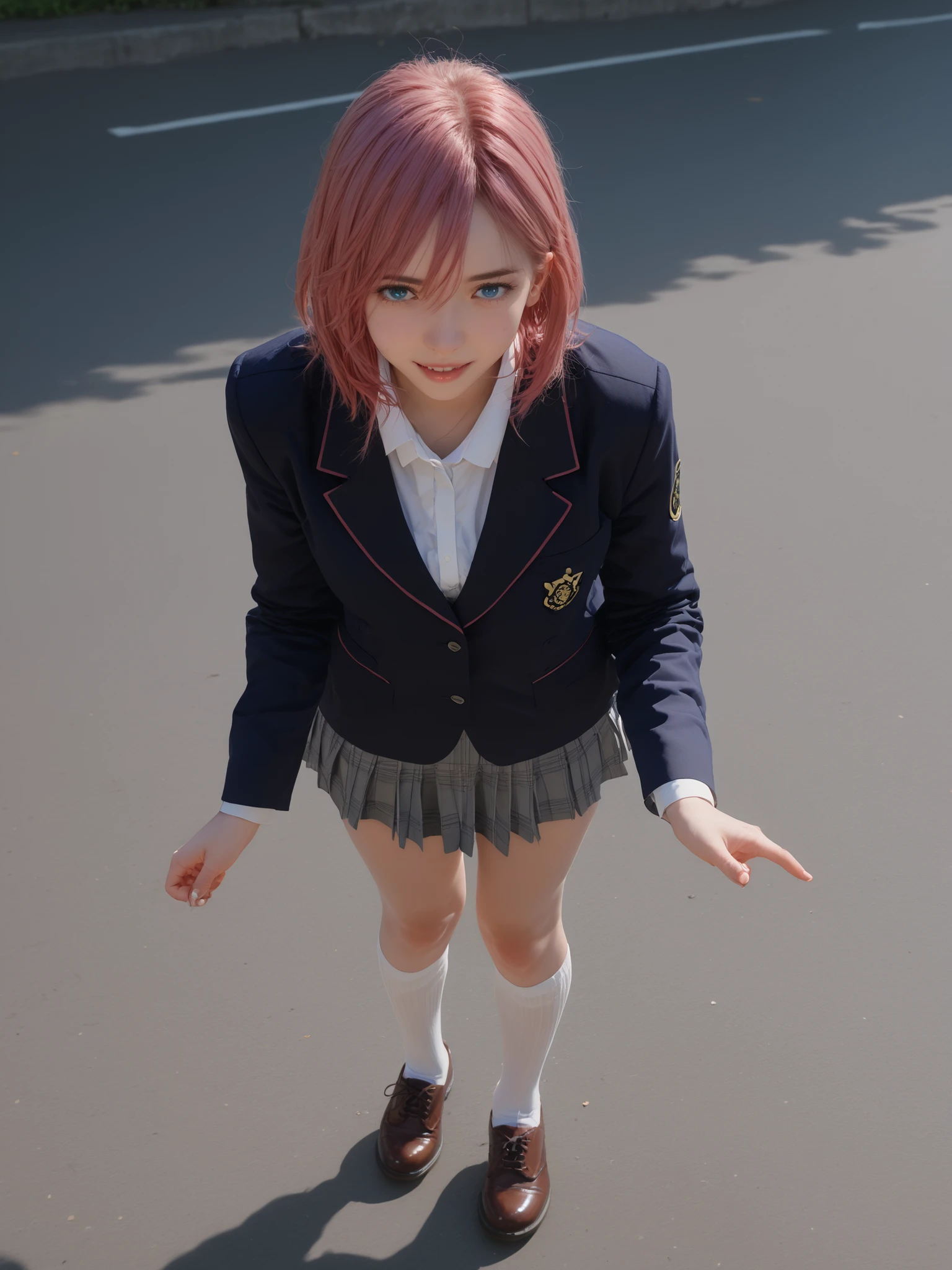  best quality,ultra detailed high quality pictures              ,                   masterpiece             ,                Detailed Background ,                absurd,               perfect anatomy        ,                performance   ,         good lighting        ,     Photo Gallery            ,         1 girl on break day 、Shiratori Aira、 pink hair 、  Short hair 、    hair falls out   、  blue eyes

uniform for very large breasts  、blue blazer、  white shirt 、  long sleeve  、 Wrist-length sleeves   、  miniskirt、  pleated skirt、   comfortable white socks    、Brown Shoes、  Very Big   、 super huge    、Bad Smile、swing your legs up、Focus on the groin、close up
