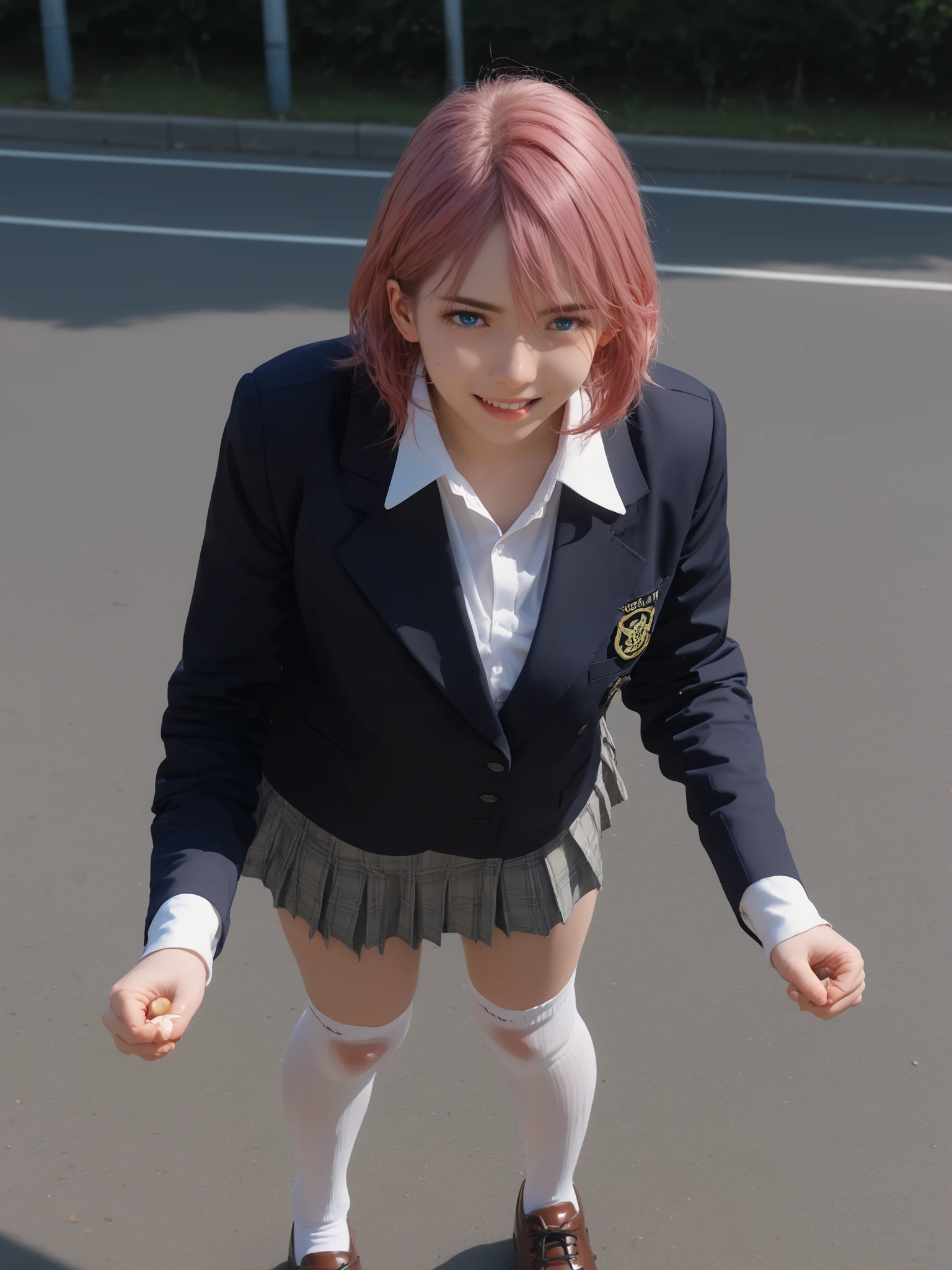 best quality,ultra detailed high quality pictures , masterpiece , Detailed Background , absurd, perfect anatomy , performance , good lighting , Photo Gallery , 1 girl on break day 、Shiratori Aira、 pink hair 、 Short hair 、 hair falls out 、 blue eyes
uniform for very large breasts 、blue blazer、 white shirt waiting for a traffic light 、 long sleeve 、 Wrist-length sleeves 、 miniskirt、 pleated skirt、 comfortable white socks 、Brown Shoes、 Very Big 、 super huge 、Bad Smile、swing your legs up、Focus on the groin、close up