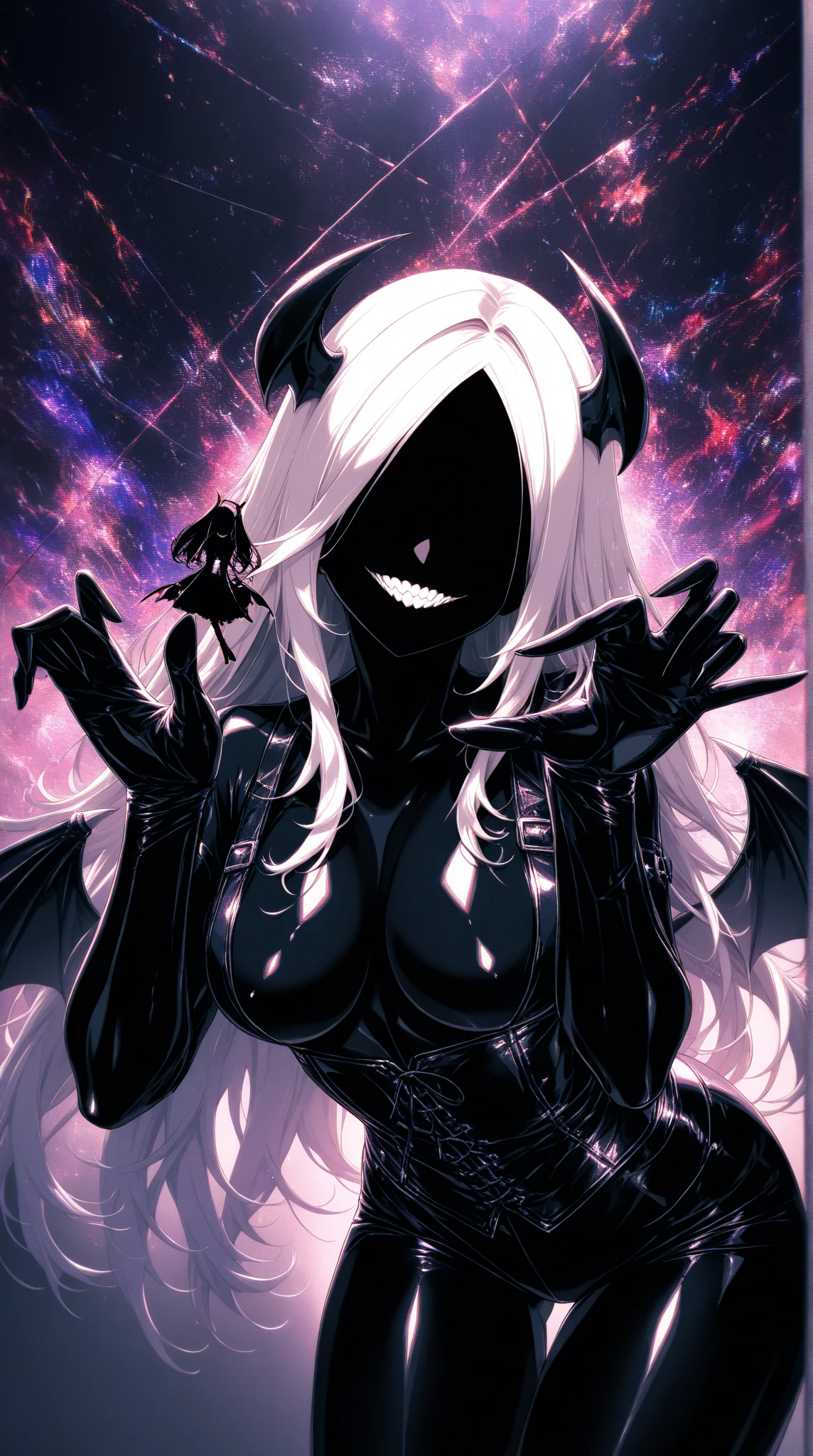 1girl,mature,solo focus,,glowing magenta eyes,colored sclera,silver hairs, long hair, pale skin,cleavage,night,girl,(((pale skin,extremy white skin))),night, sharp teeth, open mouth, mischivous smile,scary,(((medium tits,glossy thighs,)))long hait,white hair,blood on body,sexy,cleavage,white pantyhoses,white lingerie,oni horns,((hair over one eye)),floating,moon background,(((villain,psycho,villain smile, psychopath, angry))),hd,masterpiece,4k