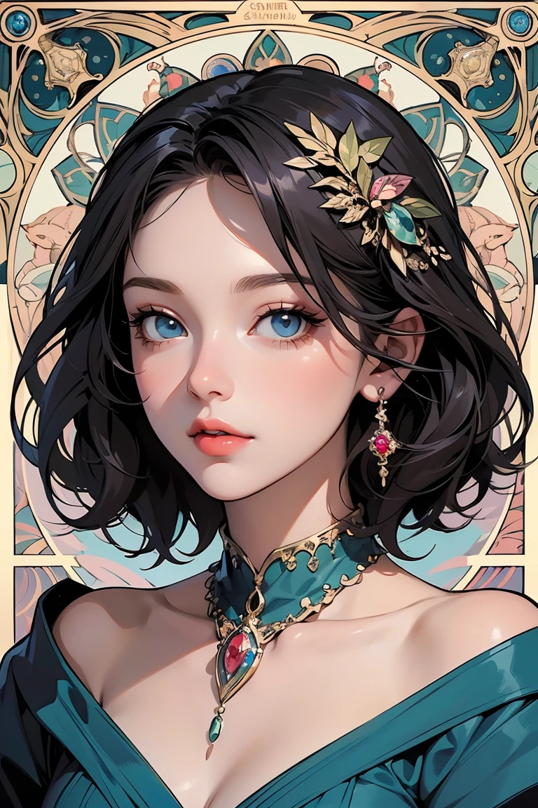 Elegant Book cover with gold embellishments, beautiful girl with black hair and blue eyes, fair skin and wearing an elegant pink dress
