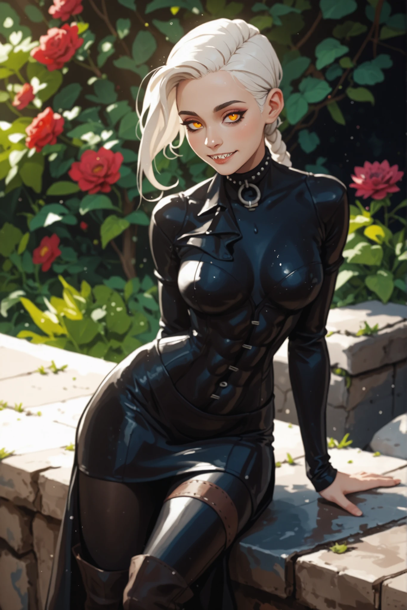 Meisterwerk, hd , great quality, very aesthetic, absurd, high contrast , high color palette , light glare ,neueste,2.5D,volumetric lighting, Sweet, jung, 1 girl, asiatisch, Mongol girl, round face, slanted eyes, big eyes, asian girl, dripping slime skin, rote Augen, Asian eyes, B-Cup, soft abs, rote Augen, Albino, leather clothing, fair-skinned, white highlights in her hair, ATHLETIC BODY, aztekisch, leather clothing, attentive, small smile, looks at the viewer, Dreadlocks, sharp teeth, Hintergrund: jungle and Aztec ruins, looks at the viewer, looks like a young Jennifer Lawrence