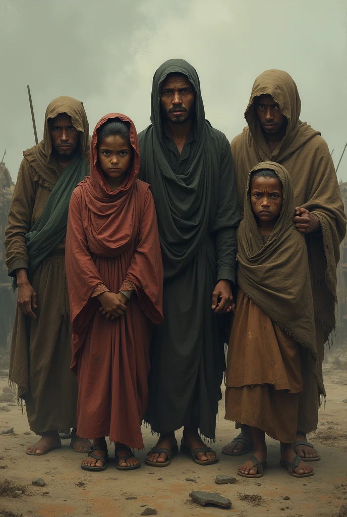 Villagers in Despair: Villagers standing in the aftermath, looking at the damage with worried and helpless expressions, some children clinging to their parents