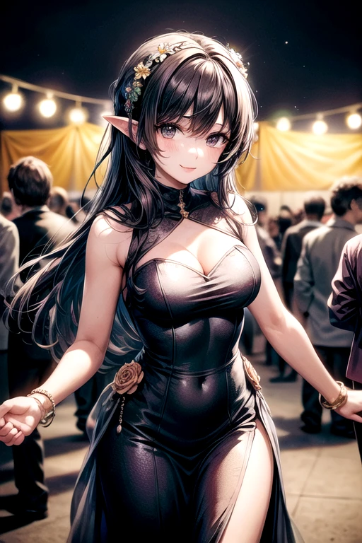 quadratic element, 5girl、1 American boy,5 girls around a boy, whaite hair、Purple hair big breastrunette color hair、red tinted hair, Purple eye, glowing light eyes, crop tops,a skirt、Stockings in various colors, parted lip, Be red in the face, natta, blossoms, suns, rays of sunshine,Long legs,Some have elf ears,Some have devil's horns