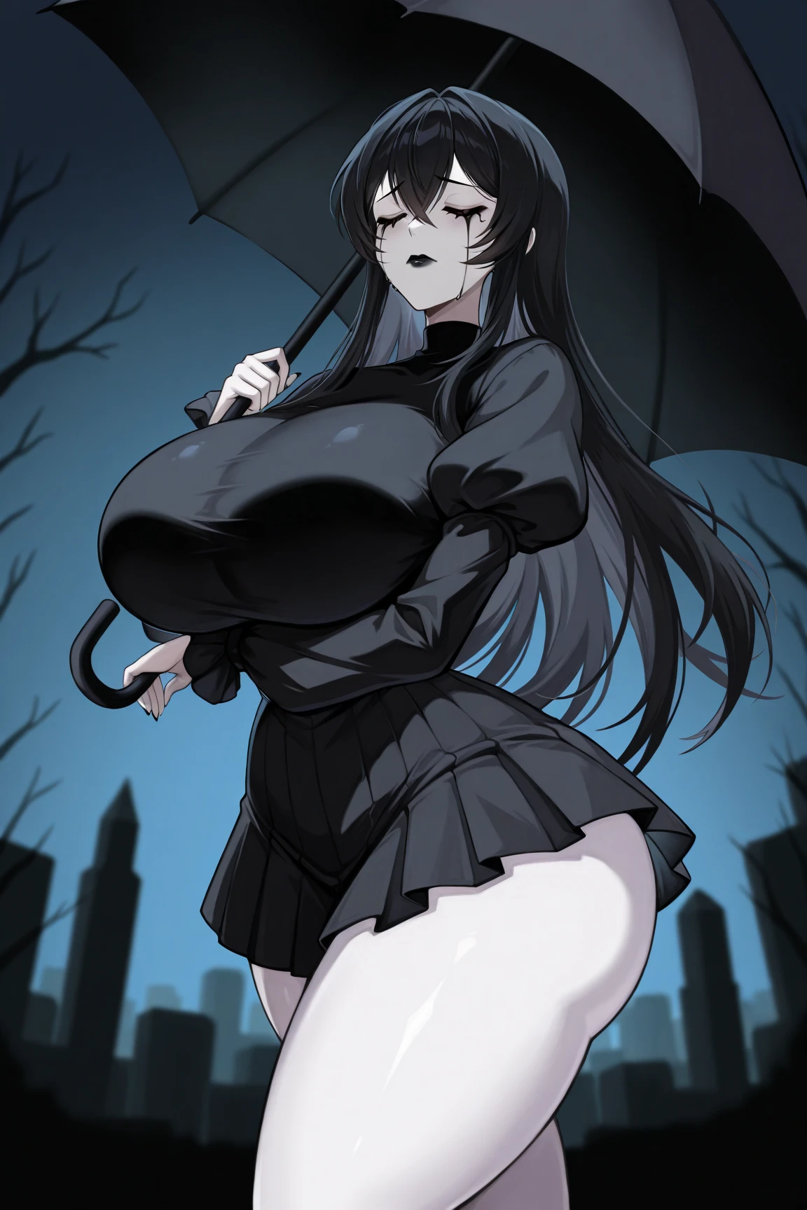 1girl solo black hair yellow eyes very long hair pale skin muscular  toned body huge thick thighs girl blushing thick thick thick thick nurse　masterpiece, best quality, highly detailed, 1girl, youkainingen, colored skin, black hair, makeup, cape, long dress, whipping, One Shoulder Dress, graveyard, night, The chest is super huge,big breasts
