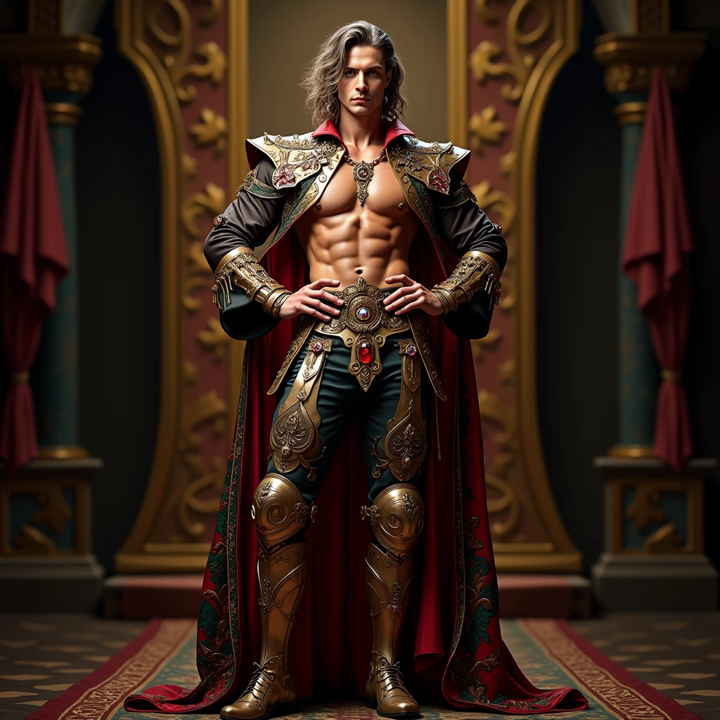 ((masterpiece)), ((best quality:1.2)), High Resolution, 8k, (ultra_realistic:1.3), (photorealistic:1.4), cinematic, dynamic lighting, (detailed background), depth of field, intricate, 8k, detailed skin, (large pectorals:1), pectorals, abs, photo of a handsome man, sexyroyalty, crown, jewelry, necklace, cape, armlet, bracelet, ring, short hair, sitting on throne, medieval castle indoors,