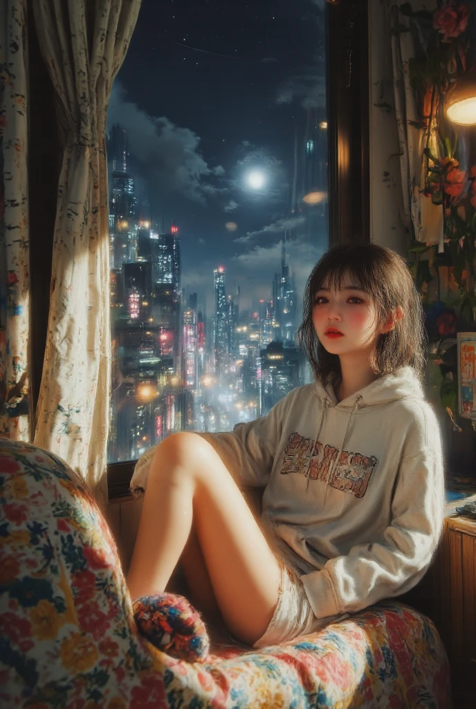 A beautiful girl is sitting down near her window apartment and watching all the life out there in a large city at night, perfect anatomy