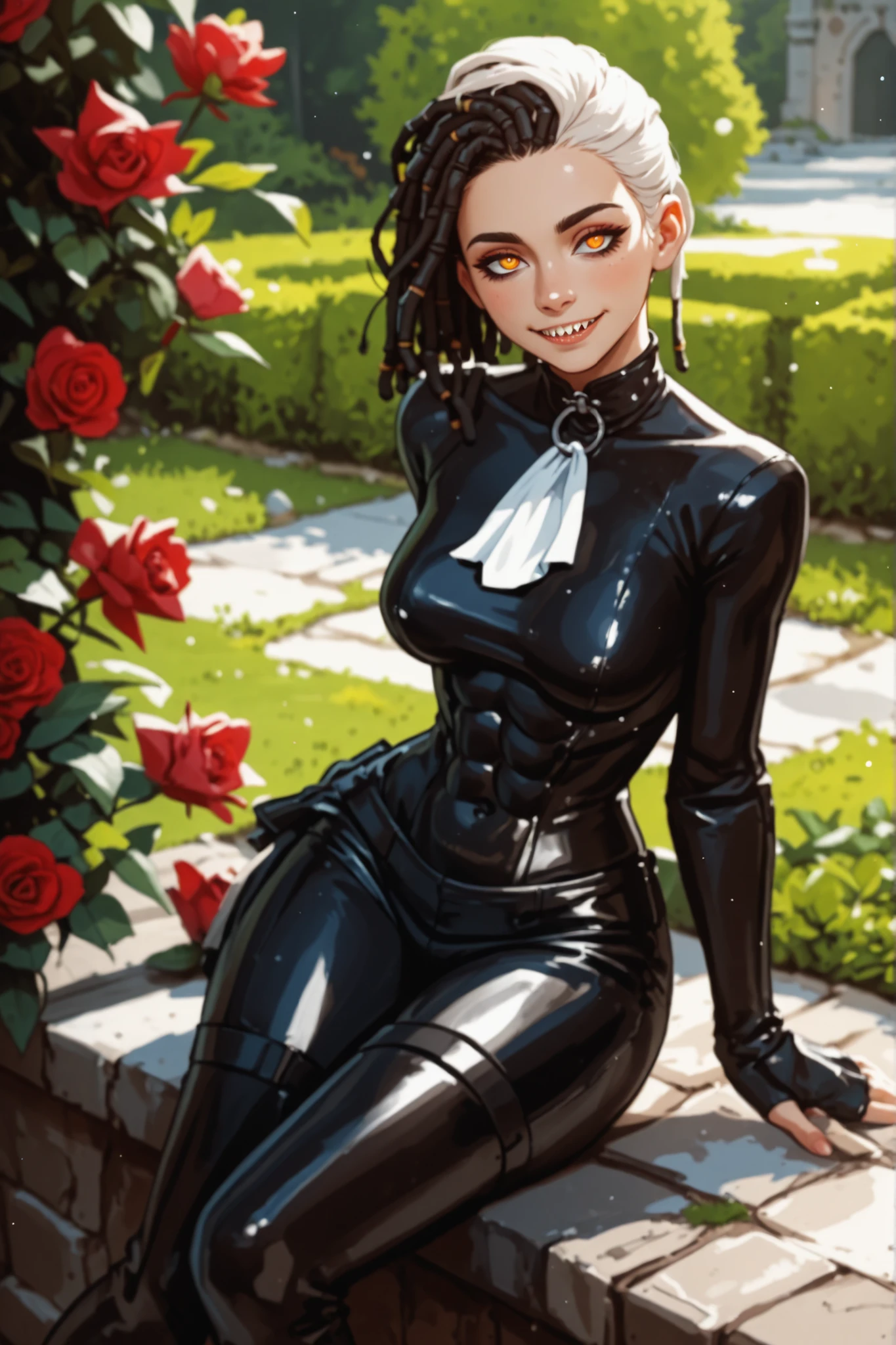 Meisterwerk, hd , great quality, very aesthetic, absurd, high contrast , high color palette , light glare ,neueste,2.5D,volumetric lighting, Sweet, jung, 1 girl, asiatisch, Mongol girl, round face, slanted eyes, big eyes, asian girl, dripping slime skin, rote Augen, Asian eyes, B-Cup, soft abs, rote Augen, Albino, leather clothing, fair-skinned, white highlights in her hair, ATHLETIC BODY, aztekisch, leather clothing, attentive, small smile, looks at the viewer, Dreadlocks, sharp teeth, Hintergrund: jungle and Aztec ruins, looks at the viewer, looks like a young Jennifer Lawrence