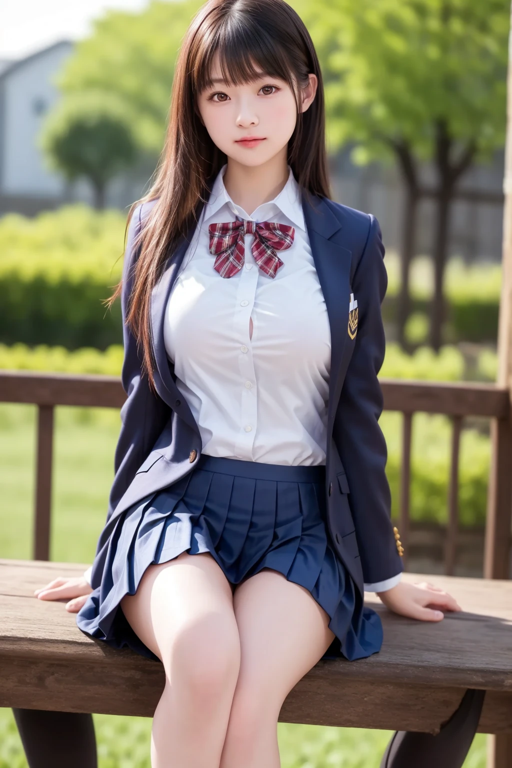 Top quality, high image, 1 woman, 18 years old, school stairs, black jacket, Medium breasts,white blouse,(plaid miniskirt), cotton panties,upskirt from below