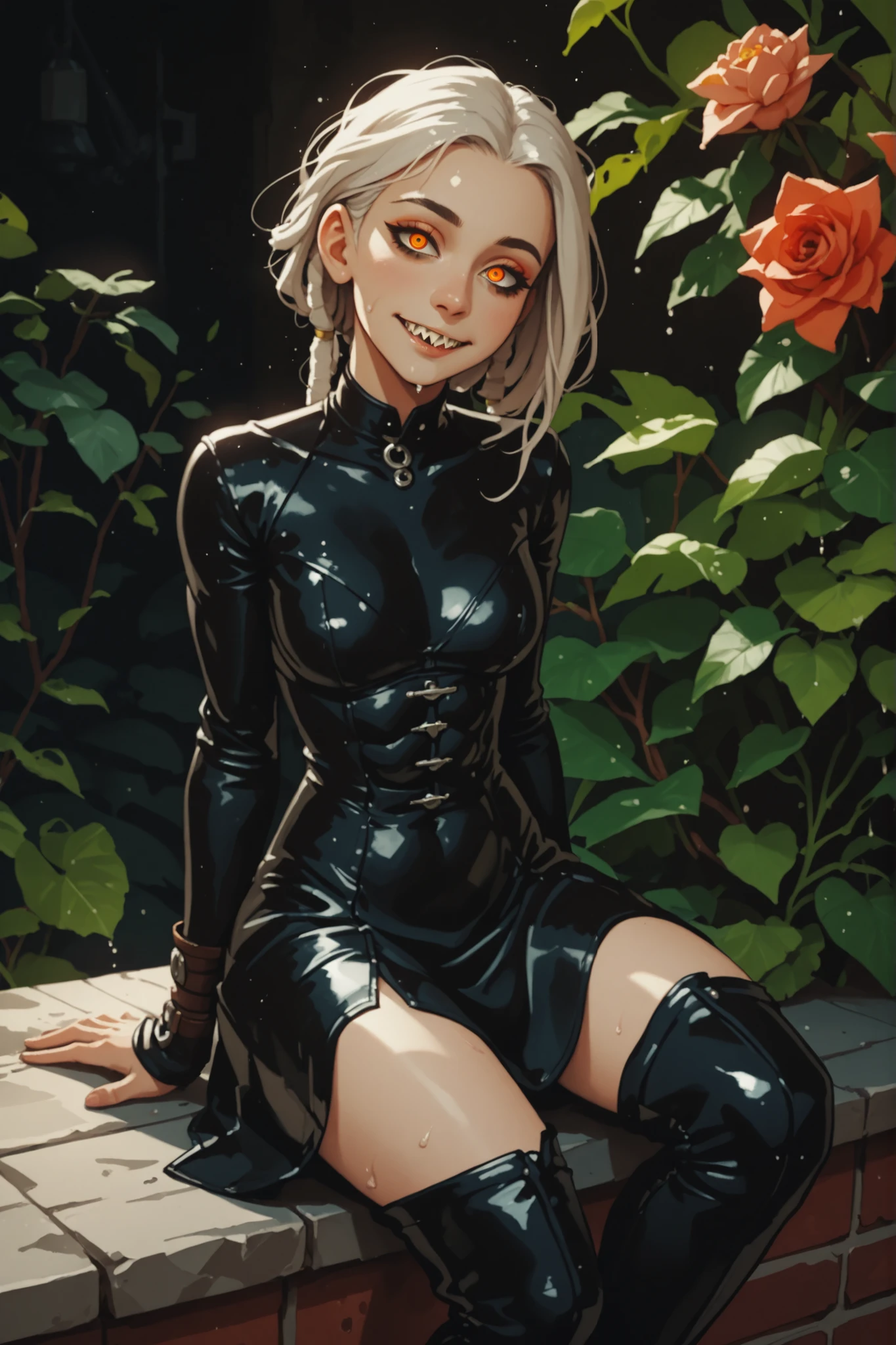 Meisterwerk, hd , great quality, very aesthetic, absurd, high contrast , high color palette , light glare ,neueste,2.5D,volumetric lighting, Sweet, jung, 1 girl, asiatisch, Mongol girl, round face, slanted eyes, big eyes, asian girl, dripping slime skin, rote Augen, Asian eyes, B-Cup, soft abs, rote Augen, Albino, leather clothing, fair-skinned, white highlights in her hair, ATHLETIC BODY, aztekisch, leather clothing, attentive, small smile, looks at the viewer, Dreadlocks, sharp teeth, Hintergrund: jungle and Aztec ruins, looks at the viewer, looks like a young Jennifer Lawrence
