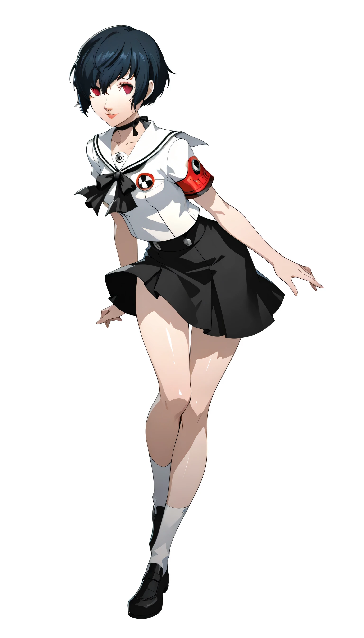 1 girl, Red eyes, very Short hair, Bob cut, black flat choker, lipstick, black hair,white summer sailor school uniform, black skirt, socks, shoes, full body, smile, azusa shimada style, white background , shiny skin, persona 3 reload style, high Quality