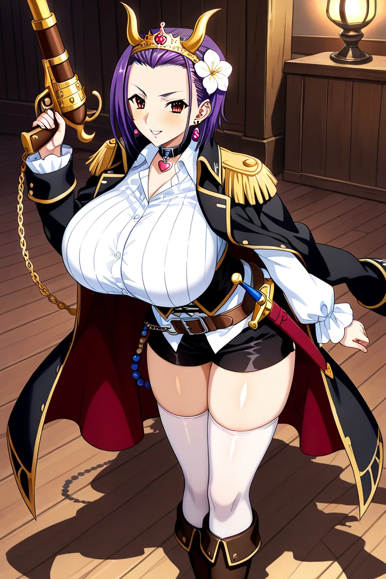 masterpiece, best quality, tashigi, black eyes, short hair, glasses, belly dancer outfit, slave collar, cowboy shot, looking at viewer, large breasts, seducing smile, pink coat