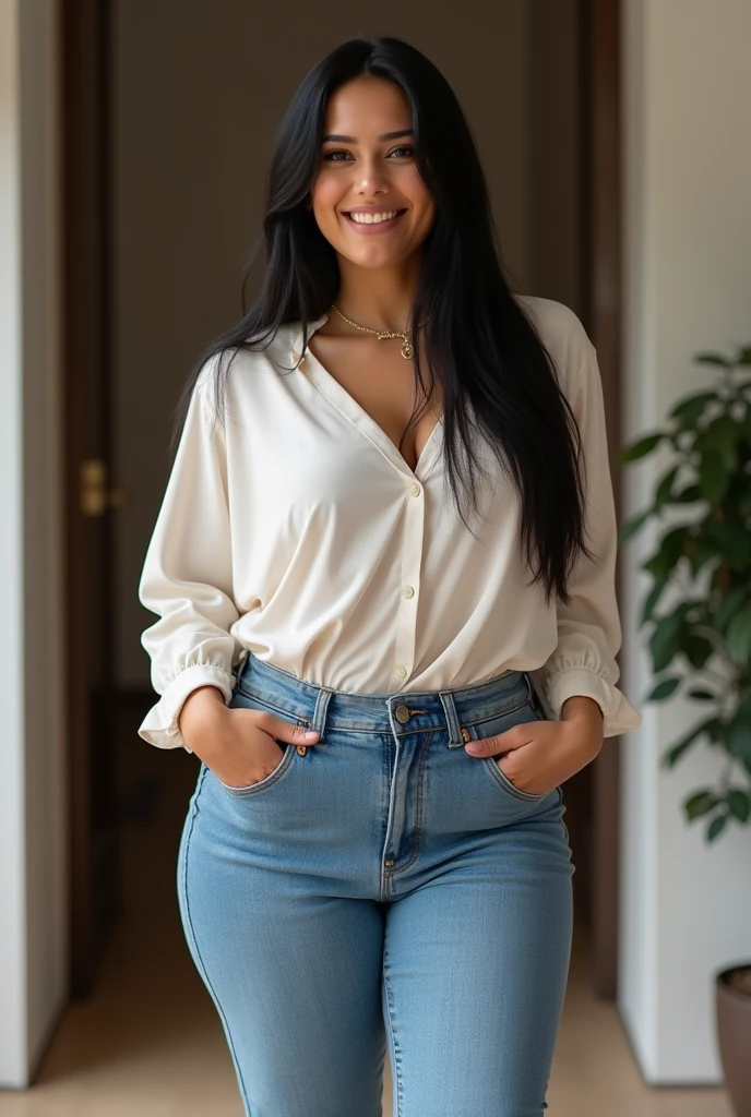 Happy attractive gorgeous body beautiful young white skin mexican real woman on full body with blue dark long blouse and blue jeans about 30 years old in a night city with independence angel in mexico city and smiling