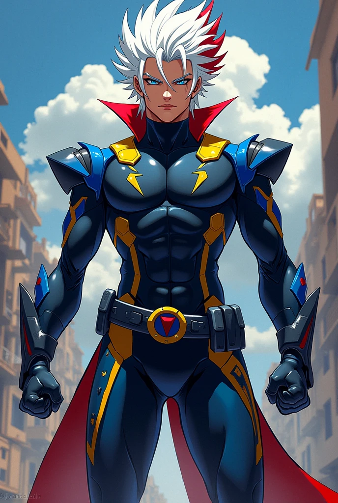 (masterpiece, top quality, best quality, official art, beautiful and aesthetic), doing a jojo pose, JoJo's Bizarre Adventure: Golden Wind style, he's wearing a blue jumpsuit with white stripes. a stand, an embodiment of his soul, appeared similar to the user, Neon Genesis Evangelion style, extreme detailed, colorful, highest detailed
