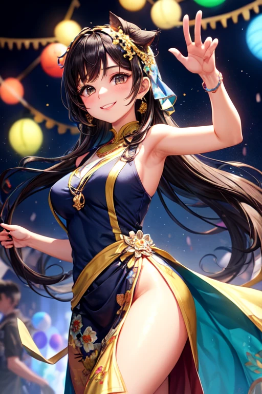Masterpiece, super high quality anime style illustration. Rio de Janeiro Samba Carnival, ((One Japanese Samba Dancer)), ((One very cute girl)), ((Smiling and dancing)), colorful hair, bob, short. Dark eyes, perfect makeup. Waist up close shot, arms raised up appealing to the audience. Revealing outfit.