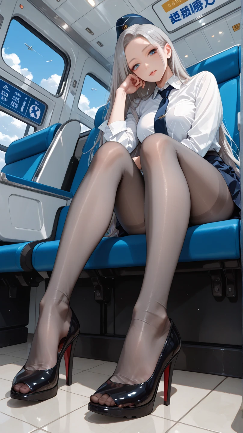 "(masterpiece, High resolution, Ultra High resolution, 4K) Black Hair, 14 year old Japanese girl, Uniform skirt, Accentuate your thighs, White thighs, Soft thighs, Gorgeous thighs, Sitting on a train, Alignment angle, (Angle from below),sitting in a train seat,Sit in front,Crotch Zoom Camera,Put your feet on the train floor,whole body,Looking down and sleepy,Only looking at the audience", highest quality, 超High resolution, (Realistic:1.4),, High resolution, Familiar, RAW Photos, Shapuri, Nikon D850 film stock photo by Lee Jefferies 4 Kodak Portra 400 camera F1.6 lens rich colors hyper Realistic lively textures dramatic lighting unreal engine artstation trends cinestir 800,only、Footjob、Nipples are visible、I can see your chest、only、